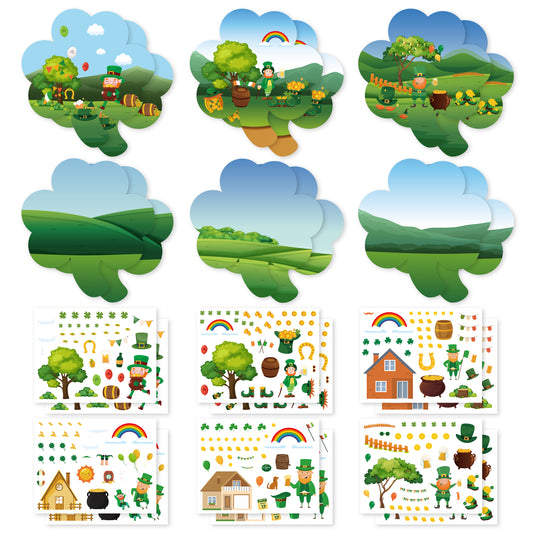COcnny 24pcs Make a St. Patrick's Day Scene Sticker Craft, Make Your Own Scene Stickers for Saint Patrick’s Day, Shamrock Irish Lucky Clover DIY Art Labels, Classroom Kids Game  Party Goodies Favor