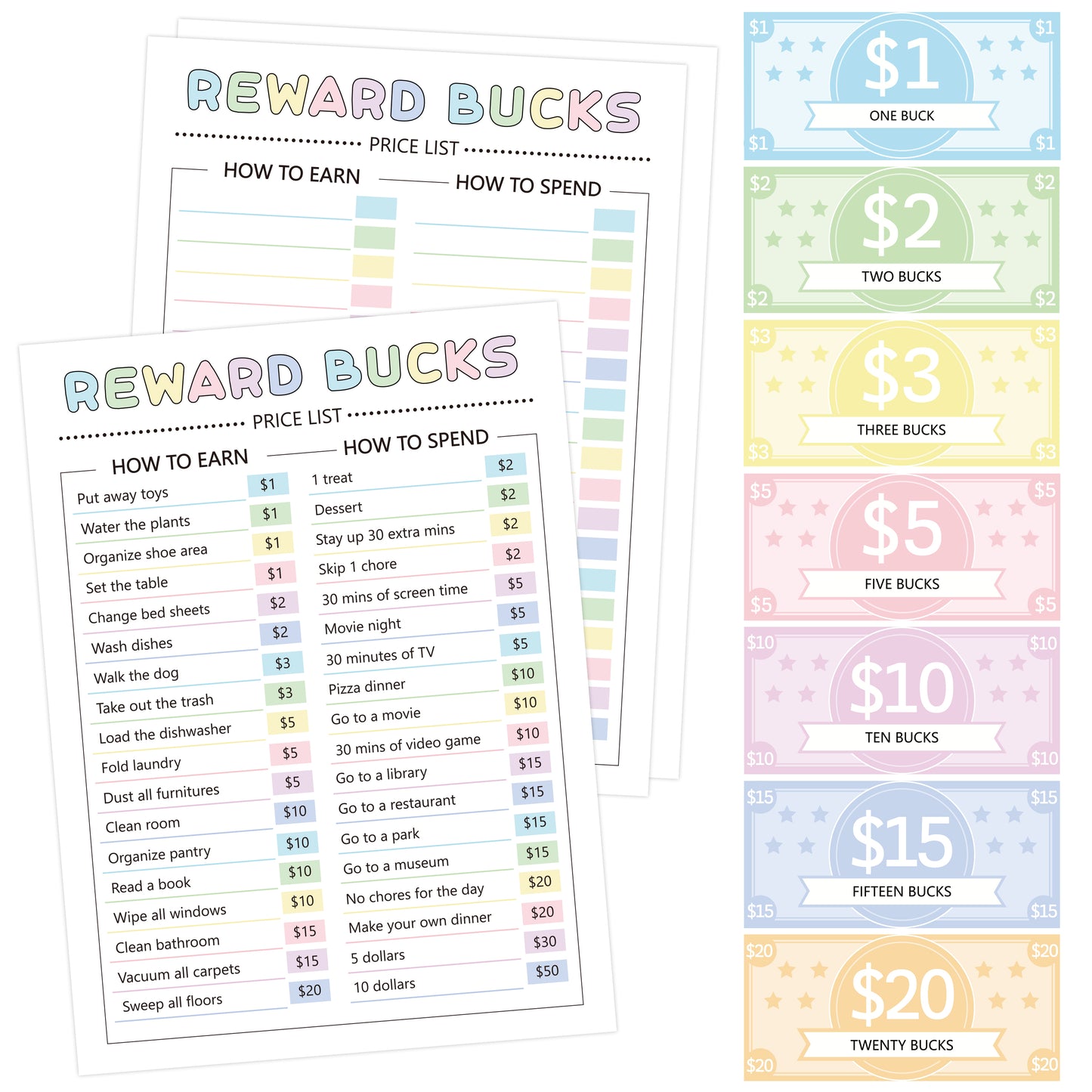 COcnny 633pcs Kids Reward Bucks Charts, Good Behavior Reward System Bucks List, Prop Play Money Routine Chart, Financial Literacy Board Chore Task Schedule Home Visual Lists for Toddles Kids Boy Girl