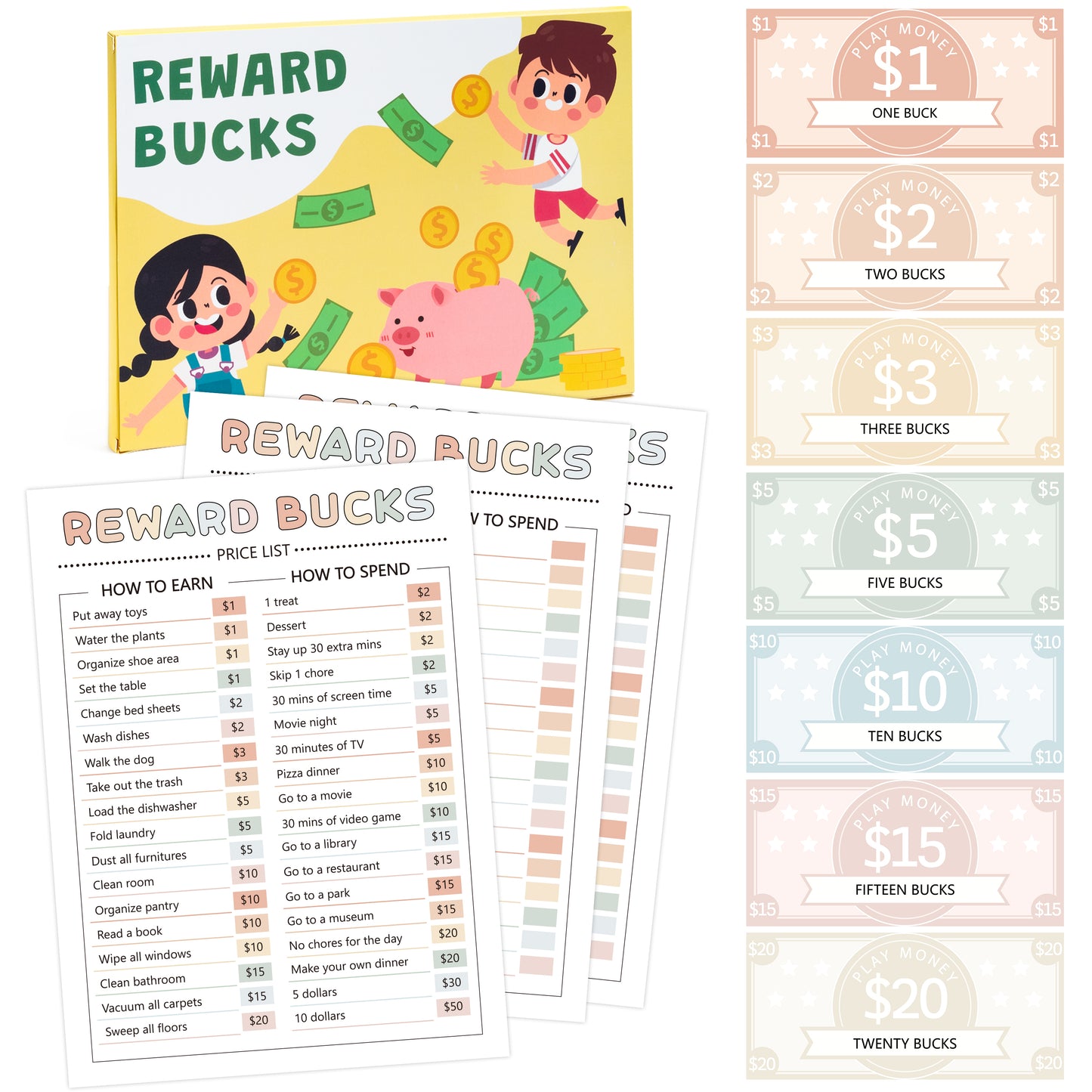 COcnny Kids Reward Bucks Charts - 633pcs Good Behavior Reward System Chore Chart Bucks List, Prop Play Money Routine Chart Financial Literacy Board Lists Task Schedule Home Visual for Toddles Boy Girl