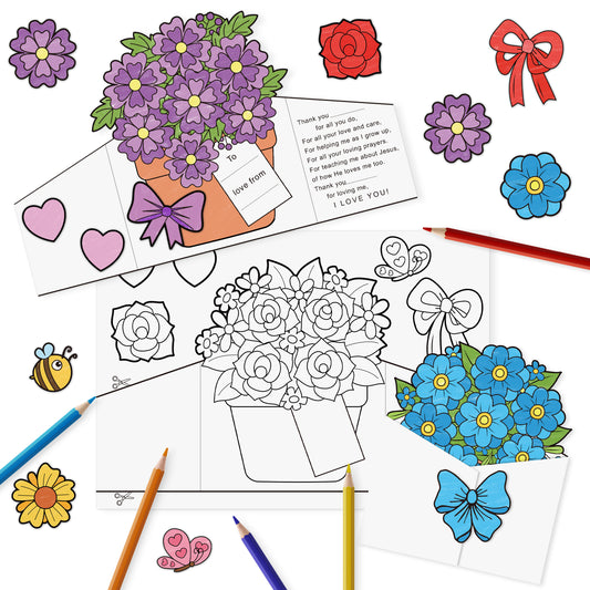 COcnny Mothers Day Crafts for Kids - 24pcs Mother’s Day Jesus Coloring Flower Card Craft Kit, DIY Bouquet Paper to Color, Make Your Own Floral Crafting for Mom Gift, Classroom Sunday School Activities