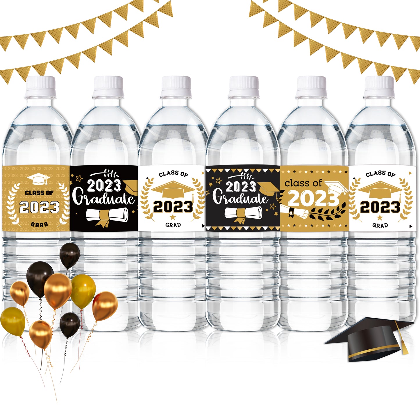 COcnny 120pcs Graduation Water Bottle Labels, Graduation Decorations Sticker Class of 2024 Congrats Grad Party Supplies, Bottle Wrappers Label Decor for High School College Graduate Celebration (Gold)