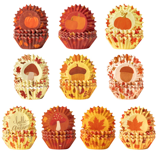 COcnny 600pcs Fall Mini Cupcake Paper Liners, Hello Autumn Pumpkin Maple Leaf Baking Cups Muffin Case Cupcakes Wrappers, Cake Wrap Making Supplies for Fall Thanksgiving Halloween Party (10 Styles)
