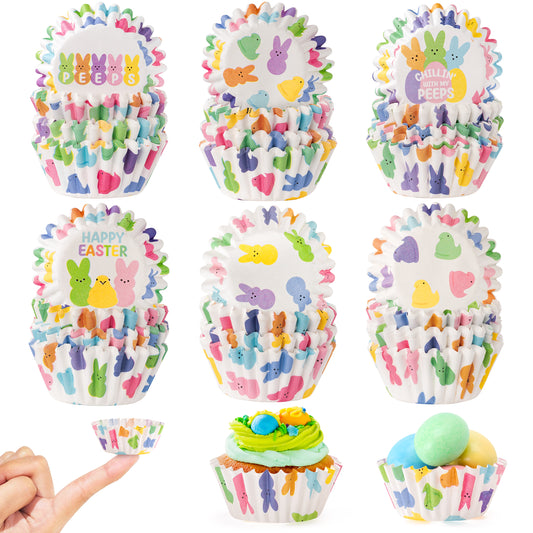 COcnny 600pcs Easter Mini Cupcake Paper Liners, Happy Easter Baking Cups Muffin Case Cupcakes Wrappers, Peeps Chick Bunny Cake Chocolate Candy Wrap Making Supplies for Spring Birthday Party (6 Styles)