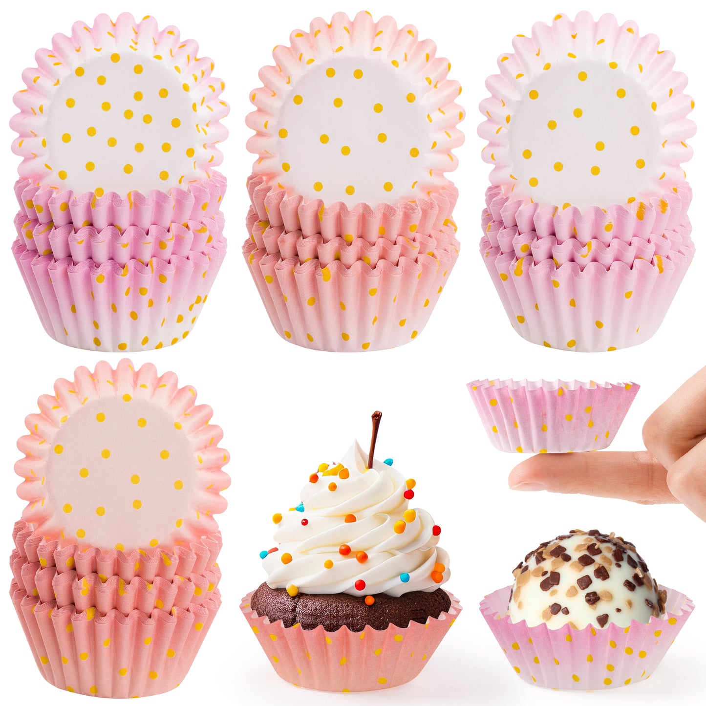 COcnny 600pcs Pink and Gold Mini Cupcake Paper Liners, Baking Cups Muffin Case Cupcakes Wrappers for Baby Shower, Gold Polka Dot Cake Chocolate Candy Wrap Making Supplies for Birthday Party (4 Styles)