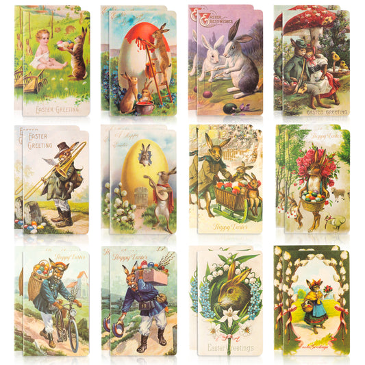 COcnny 24pcs Vintage Mini Easter Bunny Notepad Set, Happy Easter Day Victorian Small Notebook Old Style Rabbit Egg Notepads, Rustic Retro Spring Memo Gift for Kids Teacher School Classroom Rewards