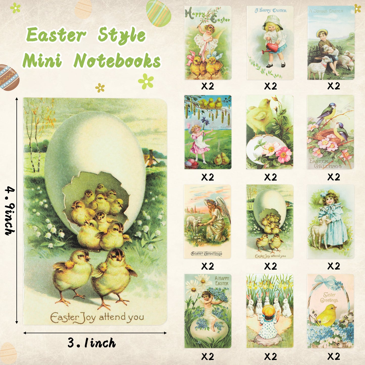 COcnny 24pcs Vintage Mini Easter Notepad Set, Happy Easter Day Victorian Small Notebook Old Style Chick Egg Bunny Notepads, Spring Rustic Retro Memo Gift for Kids Teacher School Classroom Rewards