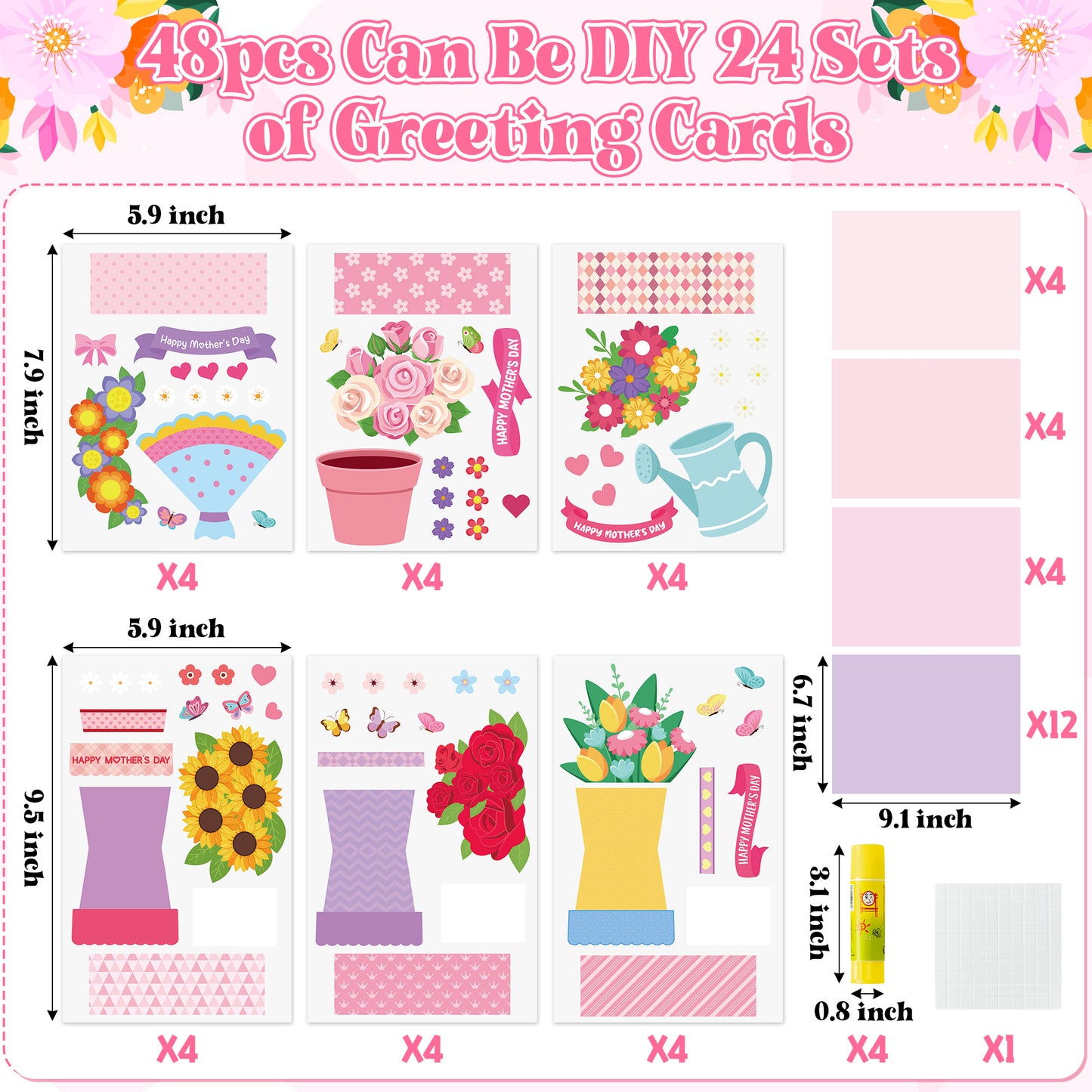 COcnny Mothers Day DIY Card - 24 Set Mother’s Day Flower Craft Kit for Kids, DIY Bouquet Paper Include 48pcs Cards, Make Your Own Floral Crafting for Mom Gift, Classroom Home Sunday School Activities