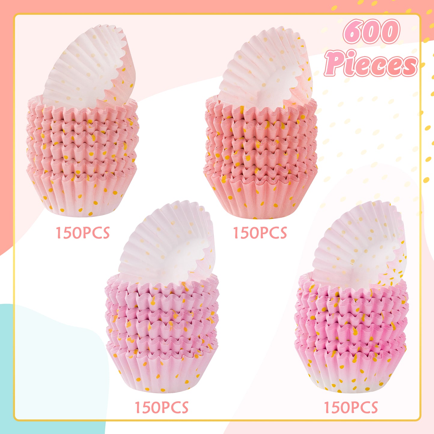 COcnny 600pcs Pink and Gold Mini Cupcake Paper Liners, Baking Cups Muffin Case Cupcakes Wrappers for Baby Shower, Gold Polka Dot Cake Chocolate Candy Wrap Making Supplies for Birthday Party (4 Styles)