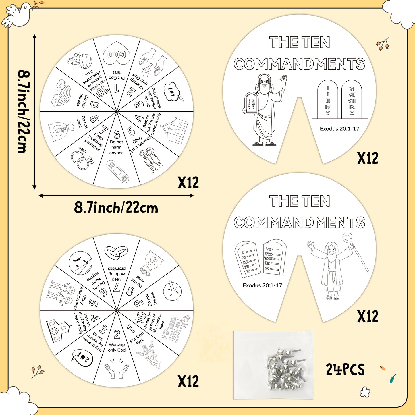 COcnny Ten Commandments Coloring Craft - 24 Sets Color Your Own Religious Art Wheel Kit for Kids, 10 Commandments DIY Craft Art Cards for Sunday School Christian Classroom Home Activities VBS Supplies