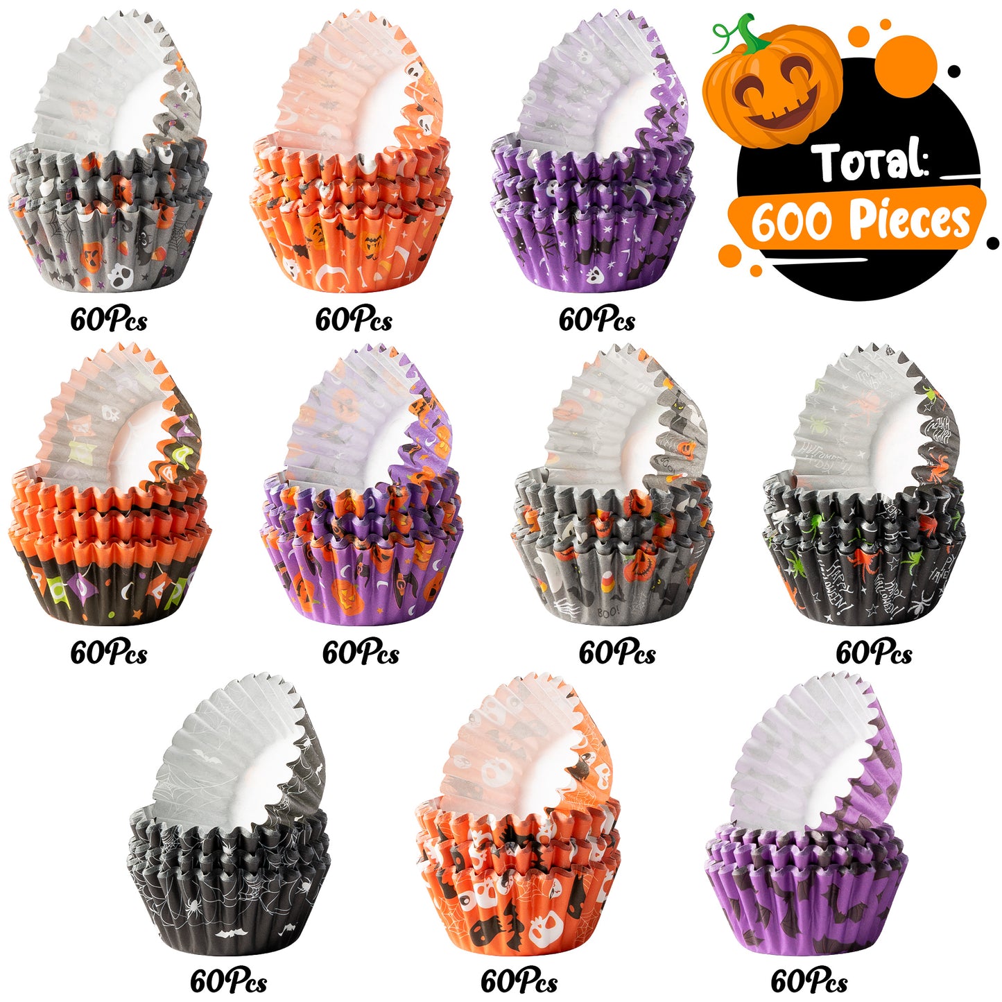 COcnny Halloween Mini Cupcake Liners - 600pcs Halloween Candy Baking Cups Muffin Cupcakes Wrappers, Pumpkin Ghost Skull Disposable Chocolate Cake Wrap Making Supplies for Party (10 Styles)