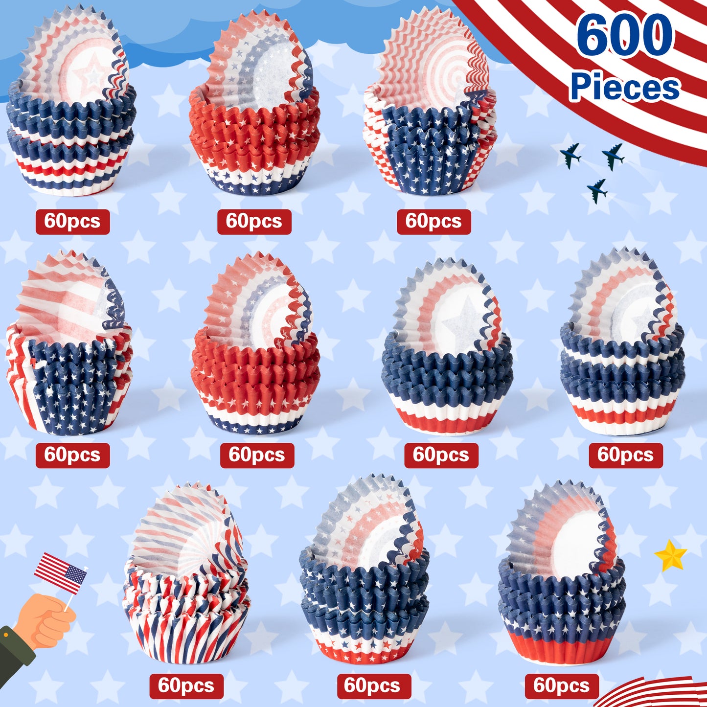 COcnny Patriotic Mini Cupcake Liner - 600pcs American Flag Baking Cups Muffin Paper Case Cupcake Wrappers for Memorial Day, July 4th Cake Chocolate Candy Wrap Supplies for Independence Day(10 Styles)