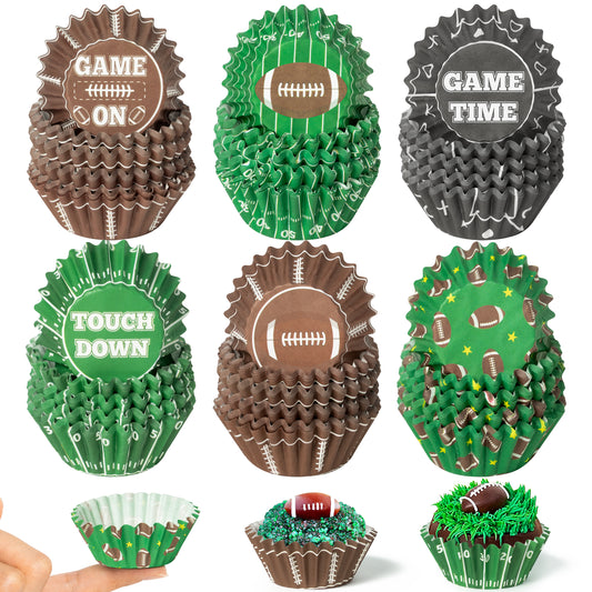 COcnny Football Mini Cupcake Liners - 600pcs Football Themed Mini Baking Cups Muffin Cupcakes Wrappers, Rugby Sport Paper Cake Wrap Making Supplies for Game Day Post-match Celebration Party (6 Styles)