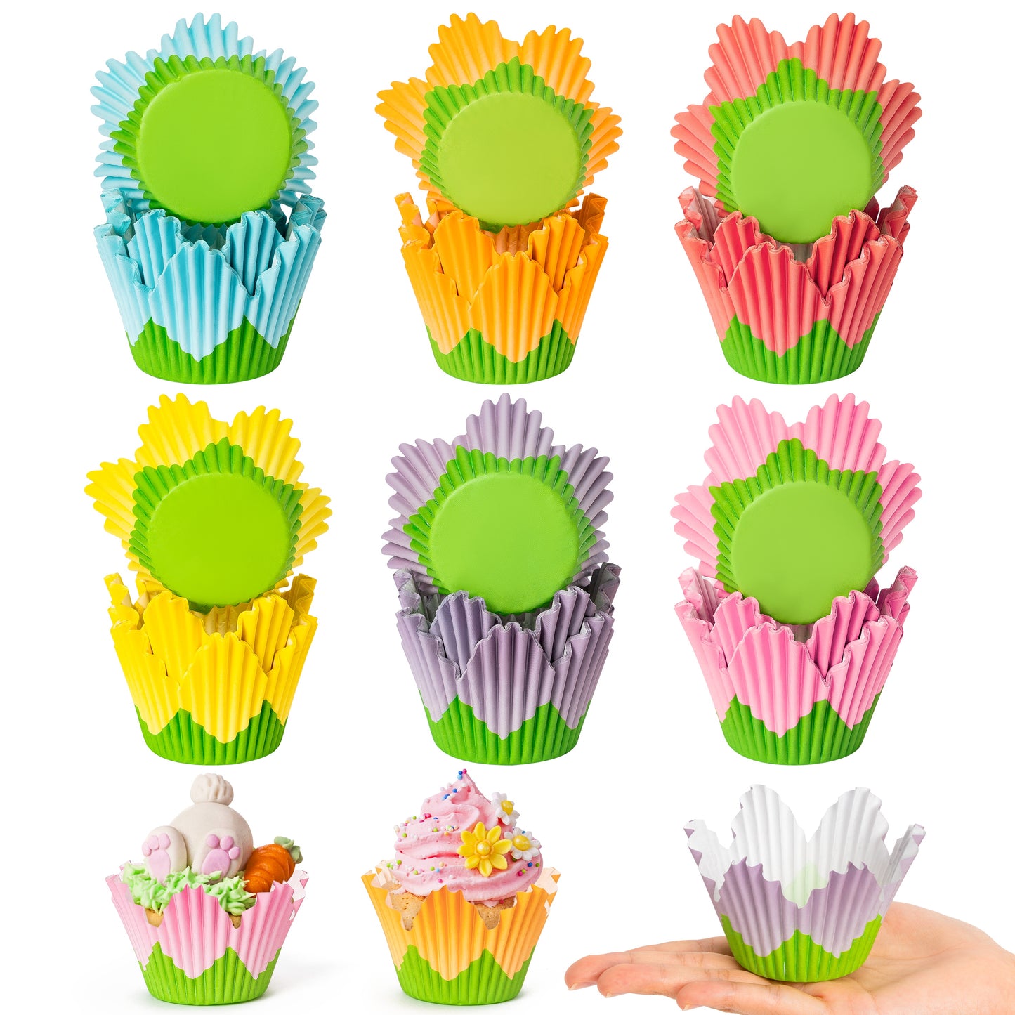 COcnny Flower Cupcake Paper Liner - 300pcs Easter Baking Cups Muffin Cupcakes Wrappers, Spring Lavender Tulip Cake Chocolate Candy Wrap Making Supplies for Spring Birthday Baby Shower Party (6 Styles)
