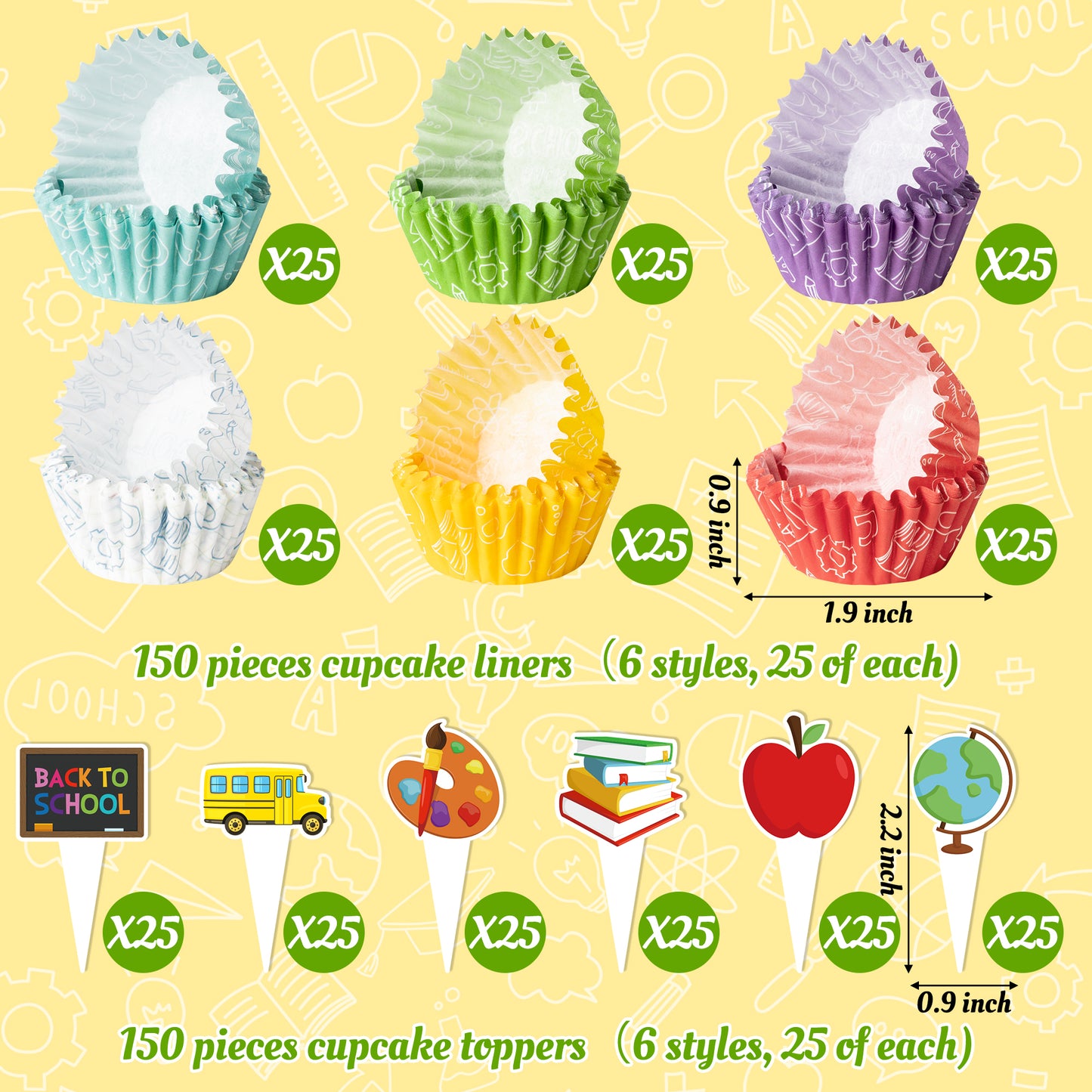 COcnny Mini Cupcake Paper Liner - 300pcs Back to School Cake Baking Cups, First Day of School Cupcake Wrappers with Cupcake Toppers, Apple Pencil Book Muffin Candy Wrap Making Supplies (6 Styles)