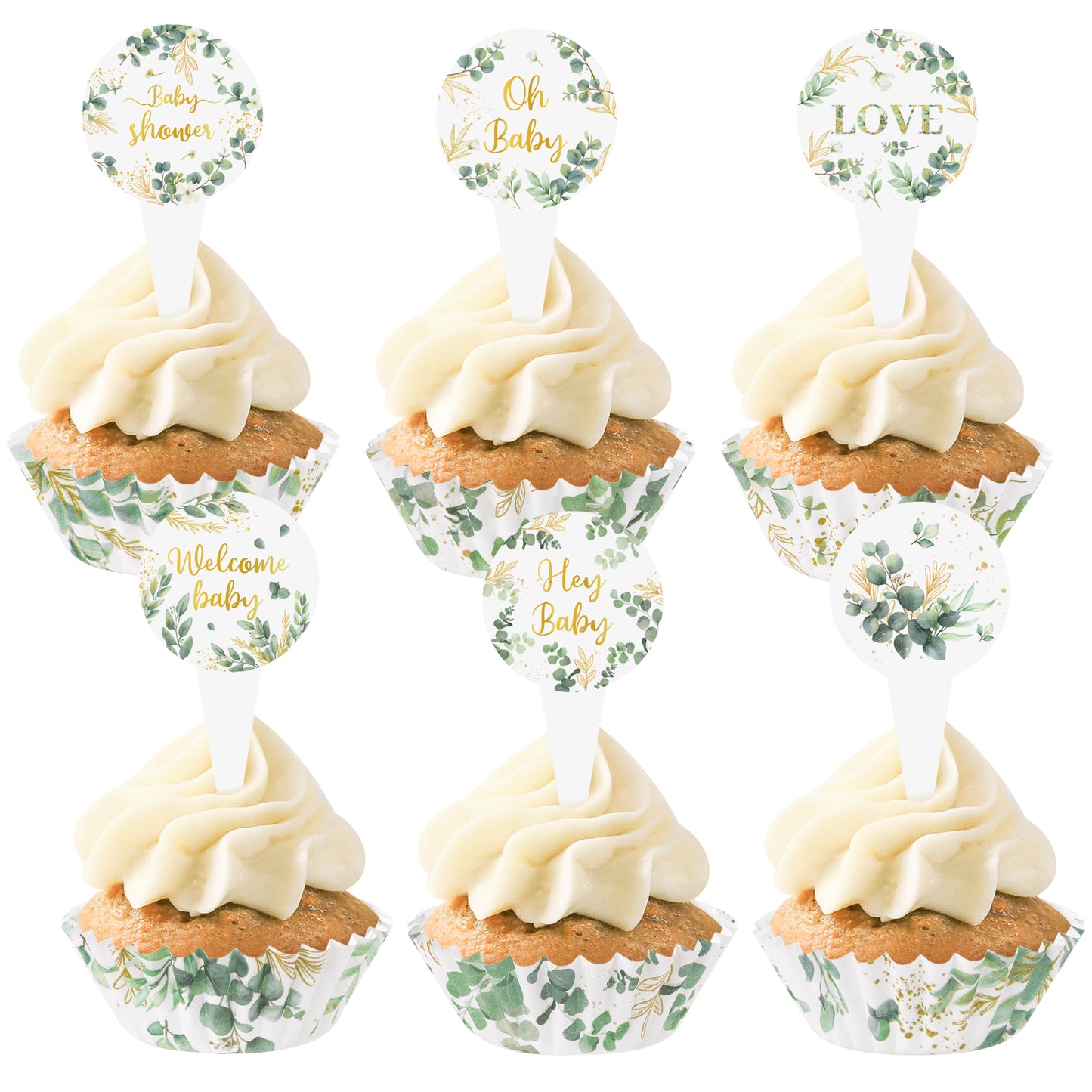 COcnny Mini Cupcake Paper Liner - 300pcs Greenery Baby Shower Cake Baking Cups, Green Leaf Themed Cupcake Wrappers with Cupcake Toppers, Muffin Chocolate Candy Wrap Making Supplies (6 Styles)