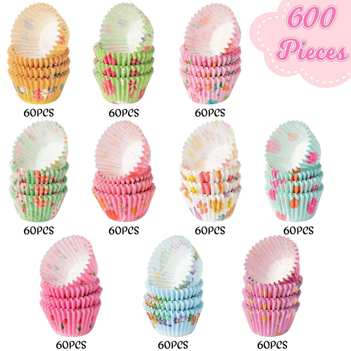 COcnny 600pcs Easter Mini Cupcake Paper Liners, Happy Easter Baking Cups Muffin Case Cupcakes Wrappers, Egg Chick Bunny Cake Chocolate Candy Wrap Making Supplies for Spring Birthday Party (10 Styles)