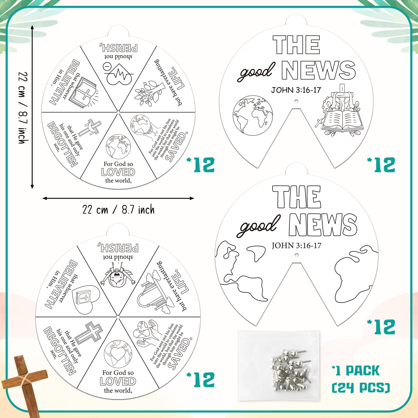 COcnny Religious Coloring Wheel Craft - 24 Sets Color Your Own Art Spining Cards for Kids, The Good News John 3:16 Wheel Kit DIY Craft Art Cards for Sunday School Christian Classroom Home Activities