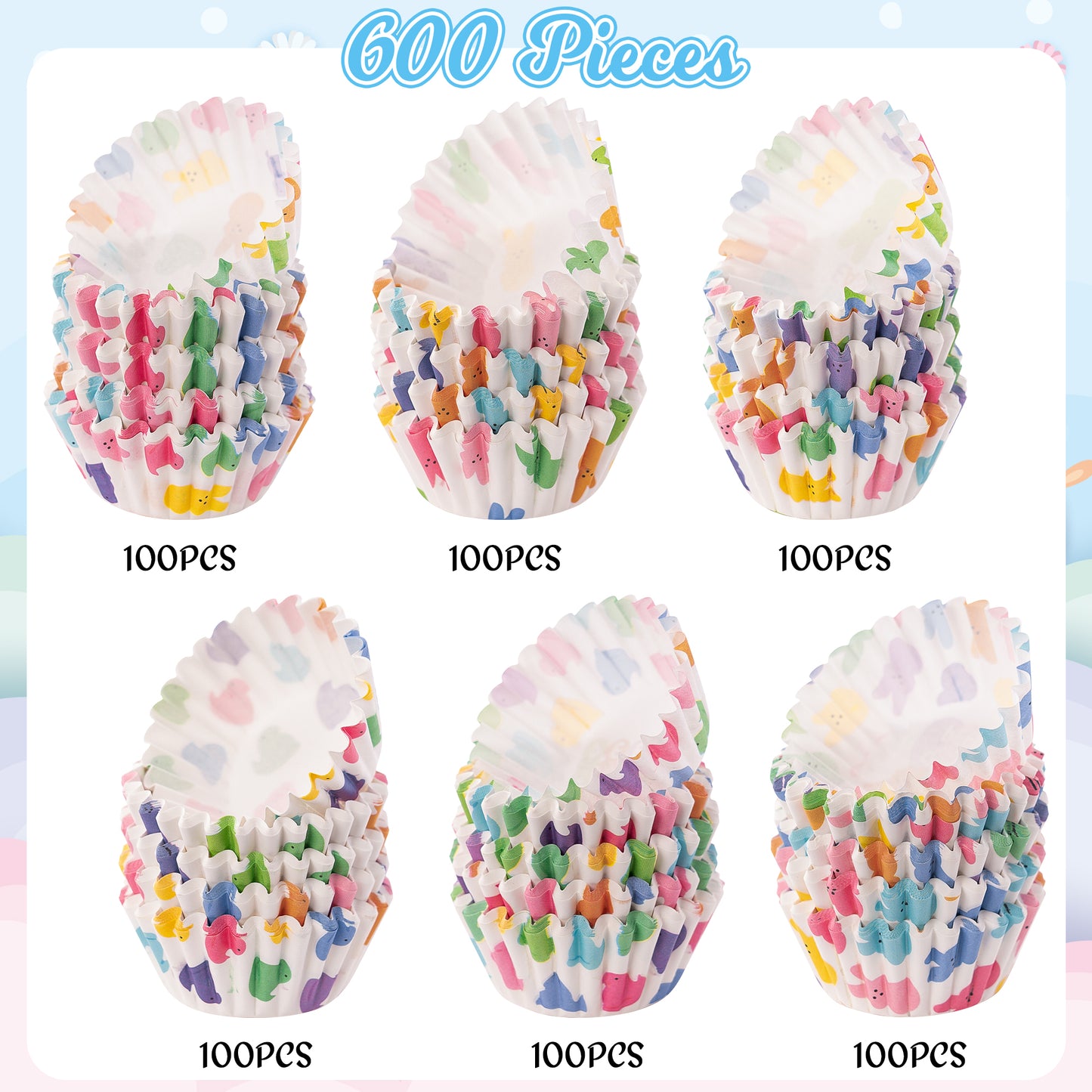 COcnny 600pcs Easter Mini Cupcake Paper Liners, Happy Easter Baking Cups Muffin Case Cupcakes Wrappers, Peeps Chick Bunny Cake Chocolate Candy Wrap Making Supplies for Spring Birthday Party (6 Styles)