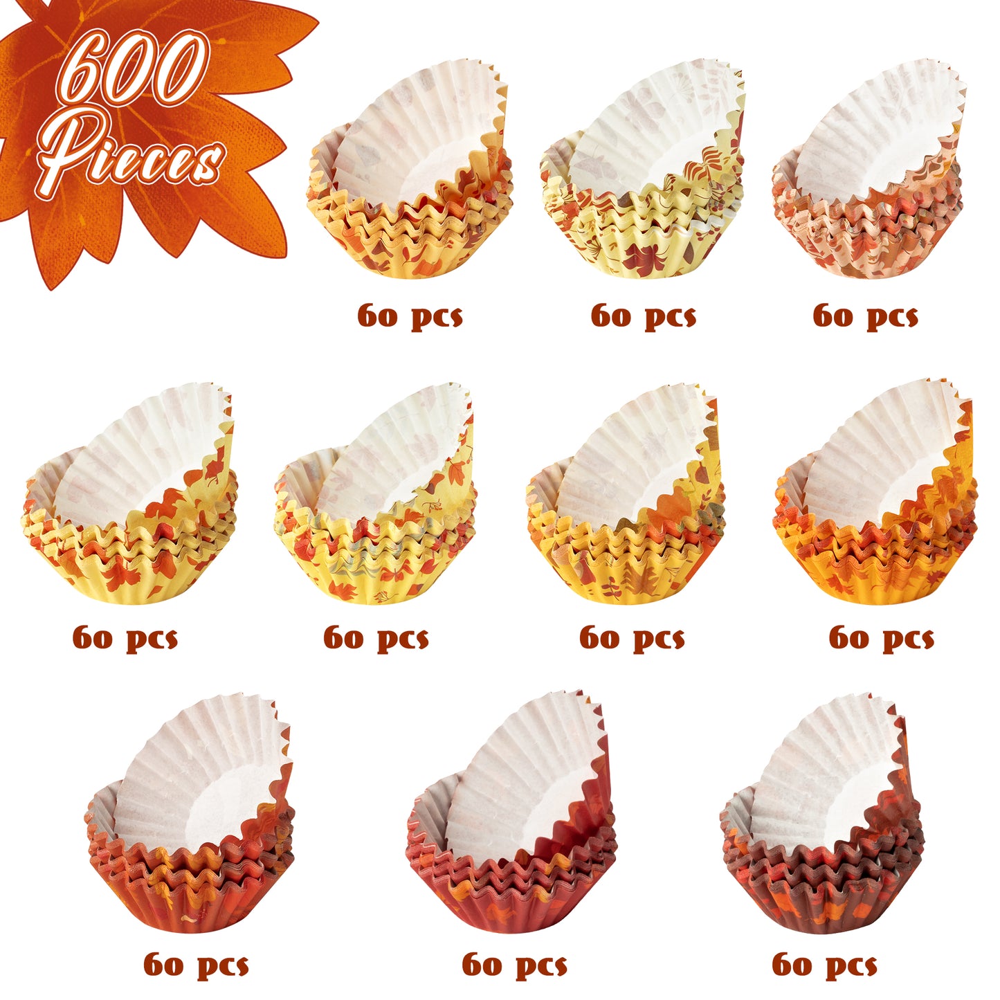 COcnny 600pcs Fall Mini Cupcake Paper Liners, Hello Autumn Pumpkin Maple Leaf Baking Cups Muffin Case Cupcakes Wrappers, Cake Wrap Making Supplies for Fall Thanksgiving Halloween Party (10 Styles)