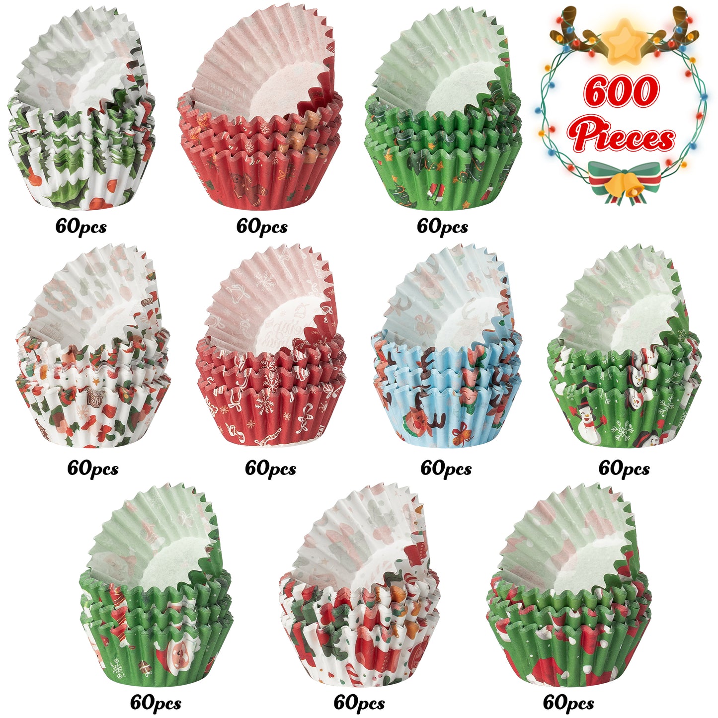 COcnny 600pcs Christmas Mini Cupcake Paper Liners, Merry Christmas Baking Cups Muffin Case Cupcakes Wrappers, Xmas Tree Santa Claus Snowman Cake Wrap Making Supplies for Xmas Eve Party (10 Styles)