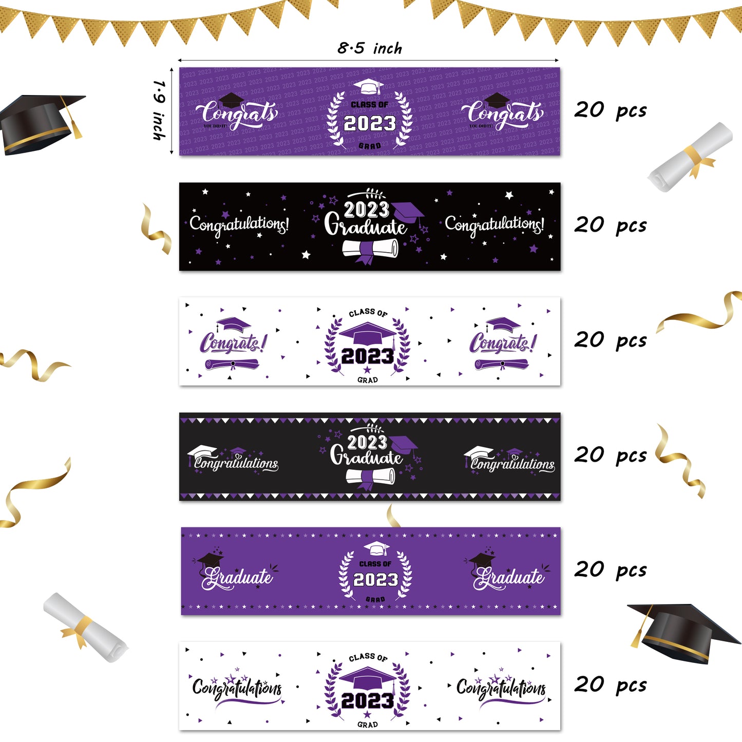 COcnny 120pcs Graduation Water Bottle Labels, Graduation Decoration Sticker Class of 2023 Congrats Grad Party Supplies, Bottle Wrapper Label Decor for High School College Graduate Celebration (Purple)