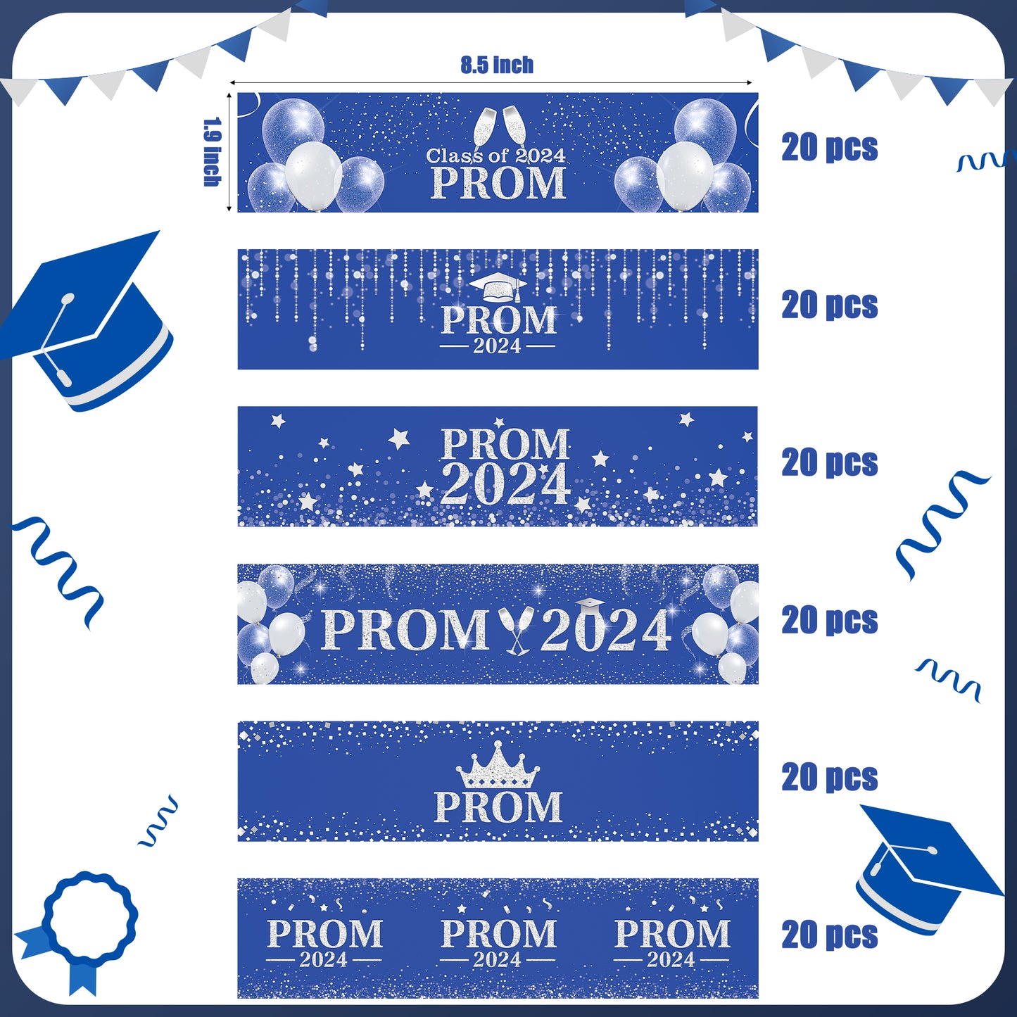 Graduation Prom Water Bottle Label - COcnny 120pcs Prom Party Decorations Stickers Congrats Grad Supplies, Class of 2024 Bottle Wrappers Sticker Decor for College School Celebration (Blue Sliver)