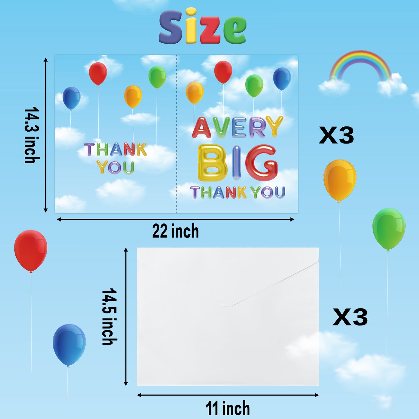 COcnny 3pcs Big Thank You Card with Envelop, Jumbo Thanks You Greeting Cards, Extra Large Thankful Card for Thanksgiving Day Birthday Wedding Farewell Graduation Party (Balloon Style 22 x 14 Inch)