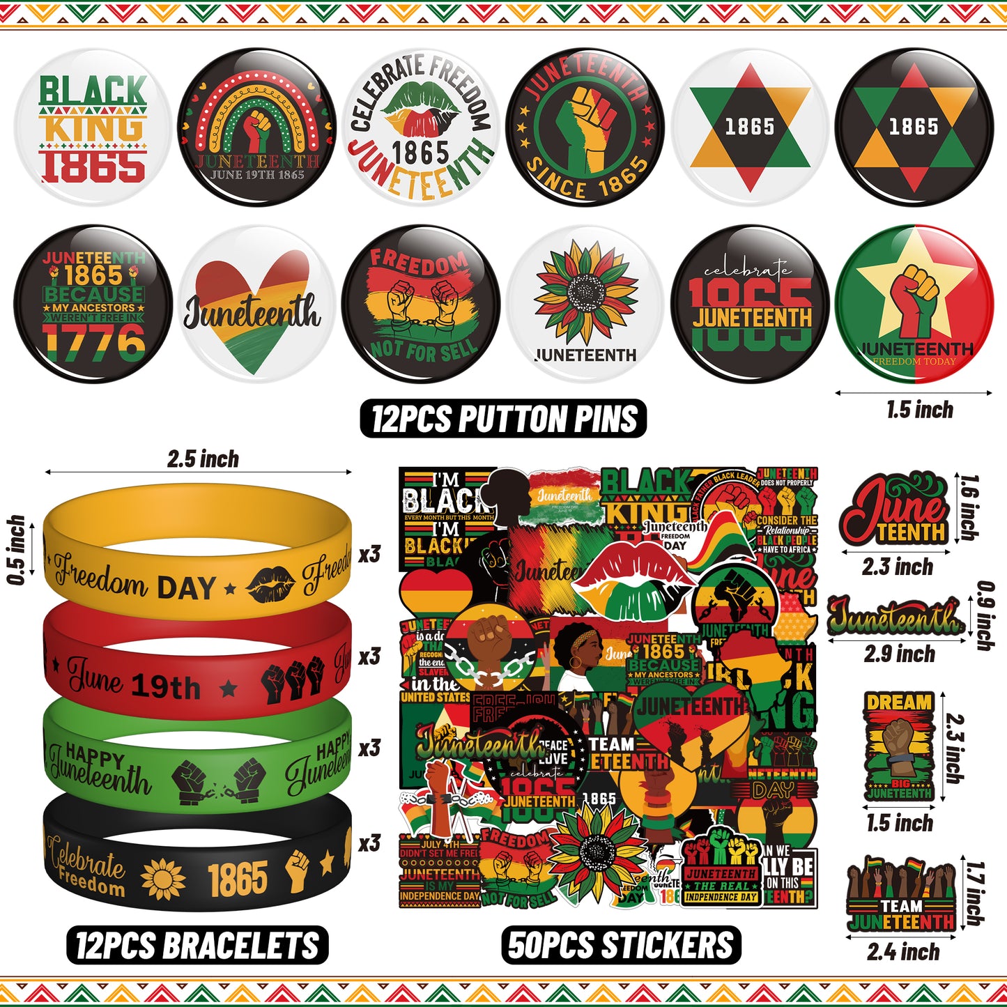 COcnny 74pcs Juneteenth Silicone Bracelets Badges Stickers Set, Happy Juneteenth Party Supplies Favors Decoration, Black Freedom Day Peace Rubber Wristband Button Pins Decals Goodie Bag Stuff Fillers