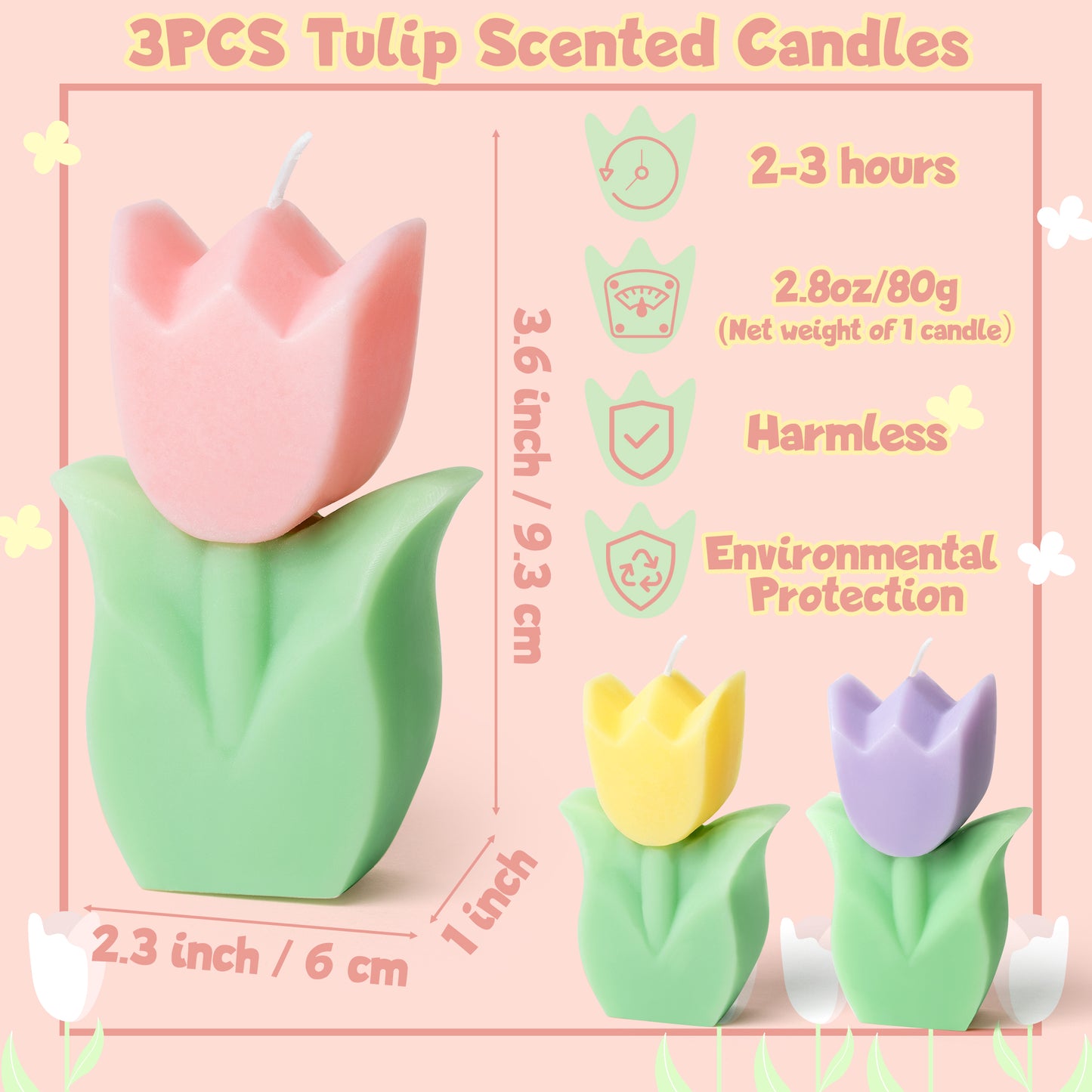 COcnny 3pcs Spring Tulip Candle Easter Decor, Tulip Shaped Scented Candles Decorations, Flower Aesthetic Paraffin Soy Wax Stress Relief Aromatherapy Candle for Home Bedroom Birthday Gift Party Favors