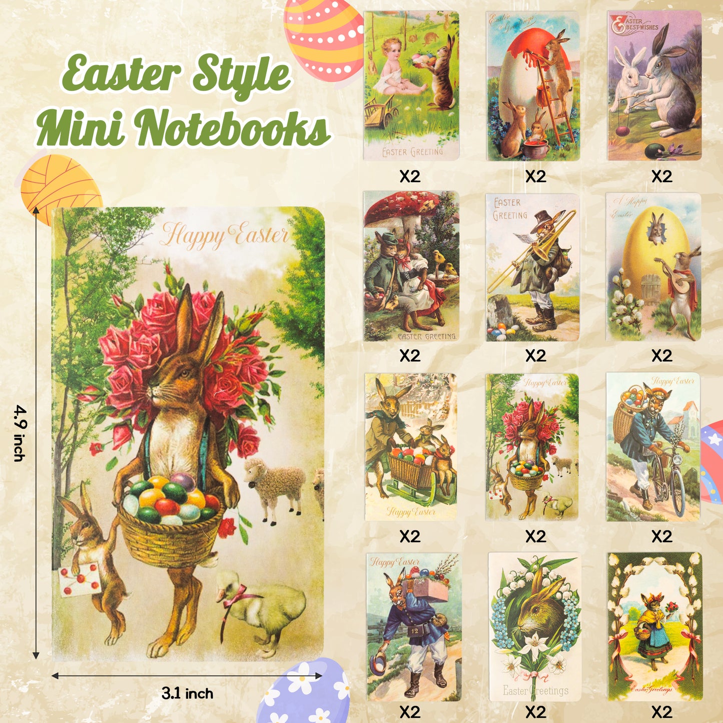 COcnny 24pcs Vintage Mini Easter Bunny Notepad Set, Happy Easter Day Victorian Small Notebook Old Style Rabbit Egg Notepads, Rustic Retro Spring Memo Gift for Kids Teacher School Classroom Rewards