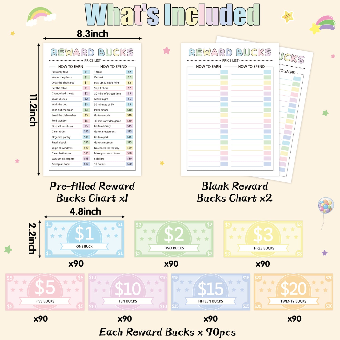 COcnny 633pcs Kids Reward Bucks Charts, Good Behavior Reward System Bucks List, Prop Play Money Routine Chart, Financial Literacy Board Chore Task Schedule Home Visual Lists for Toddles Kids Boy Girl