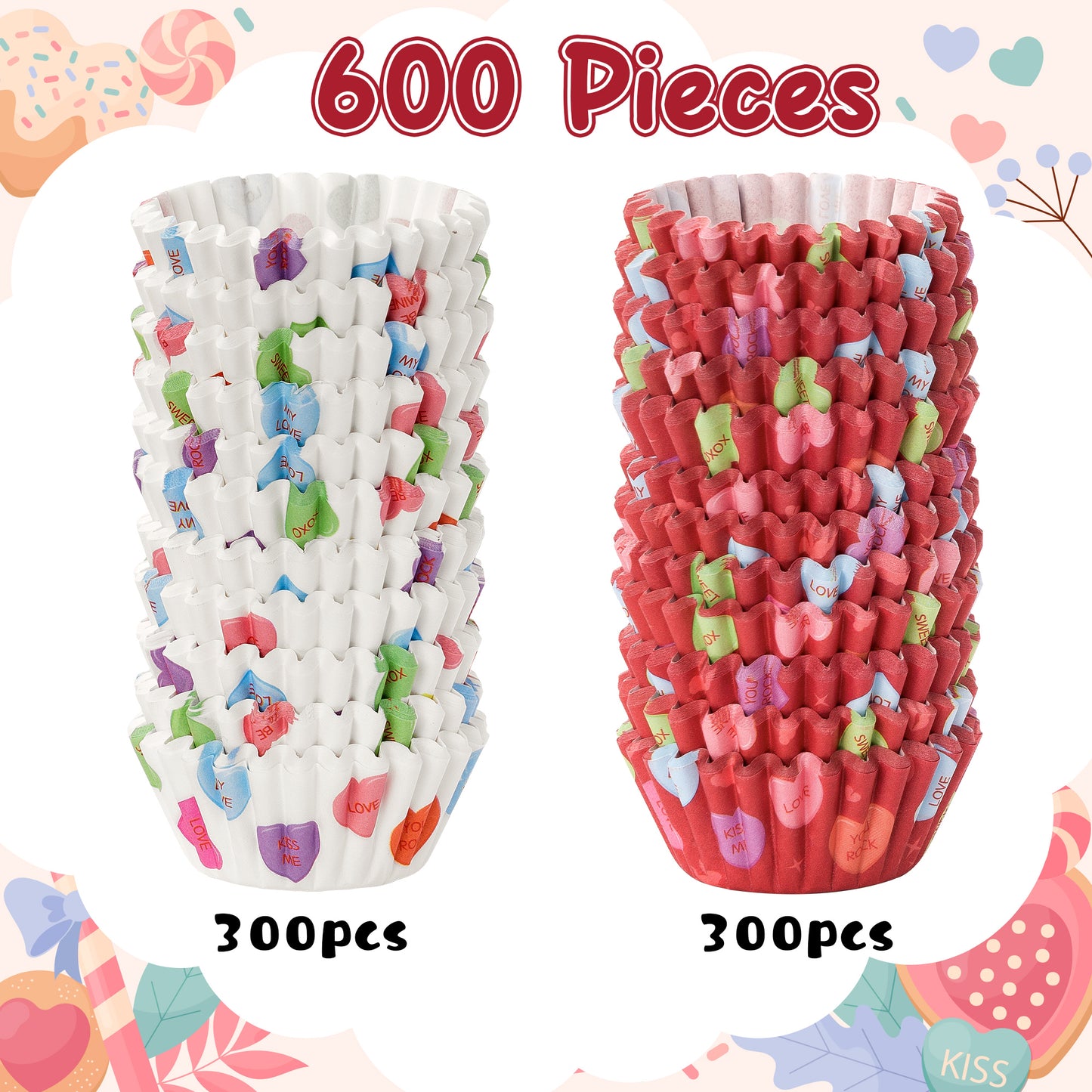 COcnny 600pcs Valentine’s Day Mini Cupcake Paper Liners, Happy Valentines Baking Cups Supplies, Conversation Talk Muffin Case Cupcake Wrapper, Heart Love Cake Wrap Making for Valentine Party (2 Style)