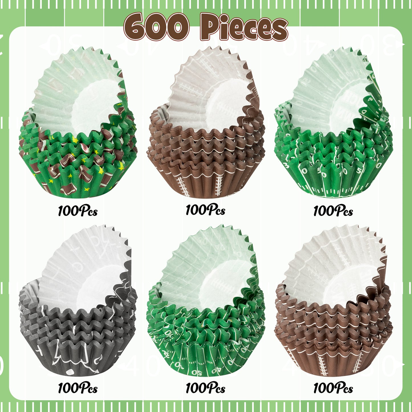 COcnny Football Mini Cupcake Liners - 600pcs Football Themed Mini Baking Cups Muffin Cupcakes Wrappers, Rugby Sport Paper Cake Wrap Making Supplies for Game Day Post-match Celebration Party (6 Styles)