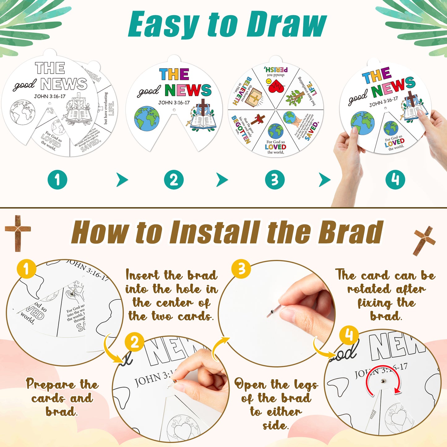 COcnny Religious Coloring Wheel Craft - 24 Sets Color Your Own Art Spining Cards for Kids, The Good News John 3:16 Wheel Kit DIY Craft Art Cards for Sunday School Christian Classroom Home Activities