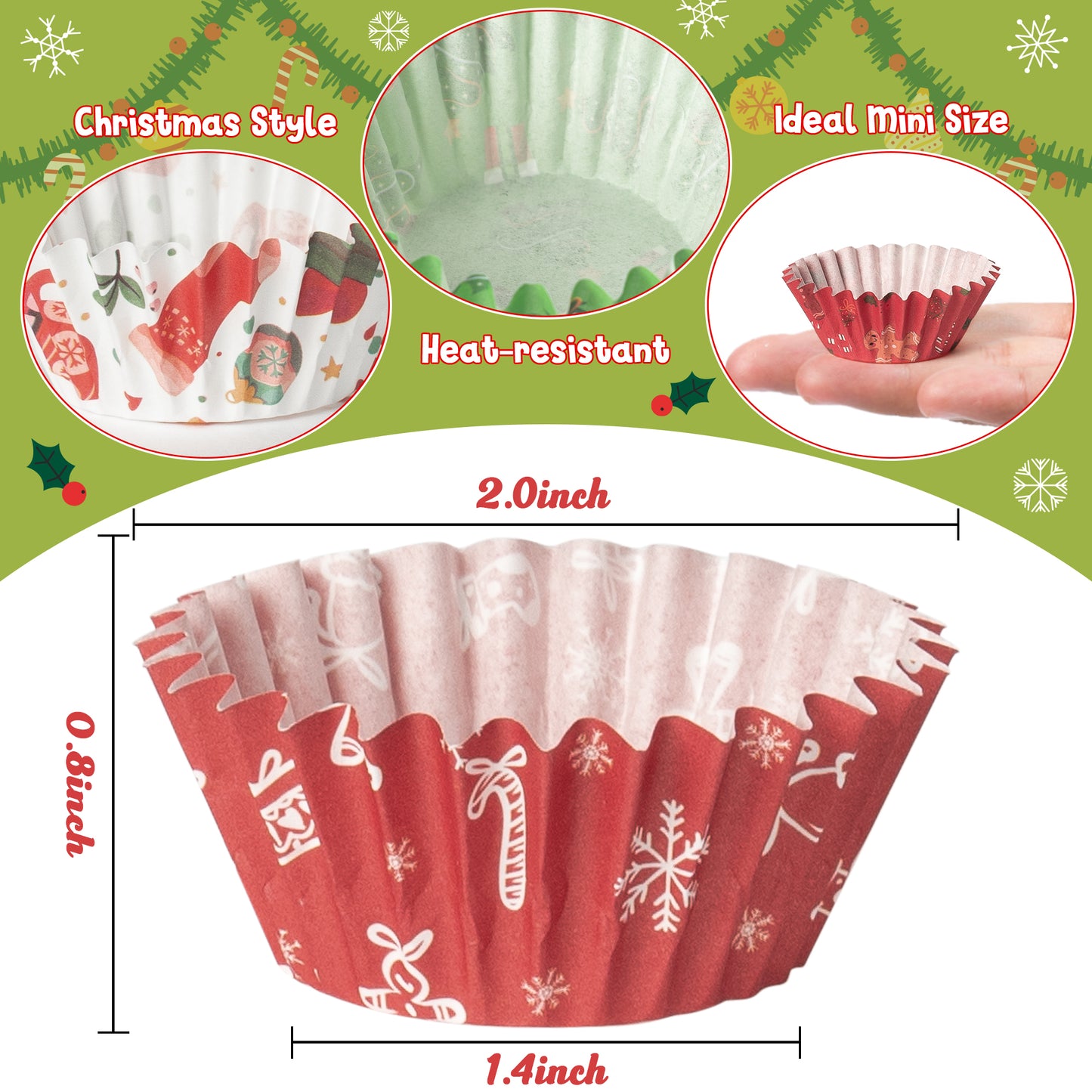 COcnny 600pcs Christmas Mini Cupcake Paper Liners, Merry Christmas Baking Cups Muffin Case Cupcakes Wrappers, Xmas Tree Santa Claus Snowman Cake Wrap Making Supplies for Xmas Eve Party (10 Styles)