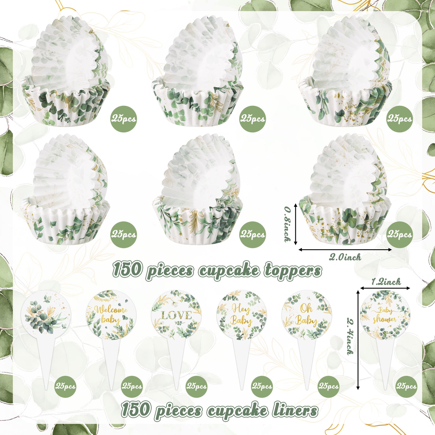 COcnny Mini Cupcake Paper Liner - 300pcs Greenery Baby Shower Cake Baking Cups, Green Leaf Themed Cupcake Wrappers with Cupcake Toppers, Muffin Chocolate Candy Wrap Making Supplies (6 Styles)