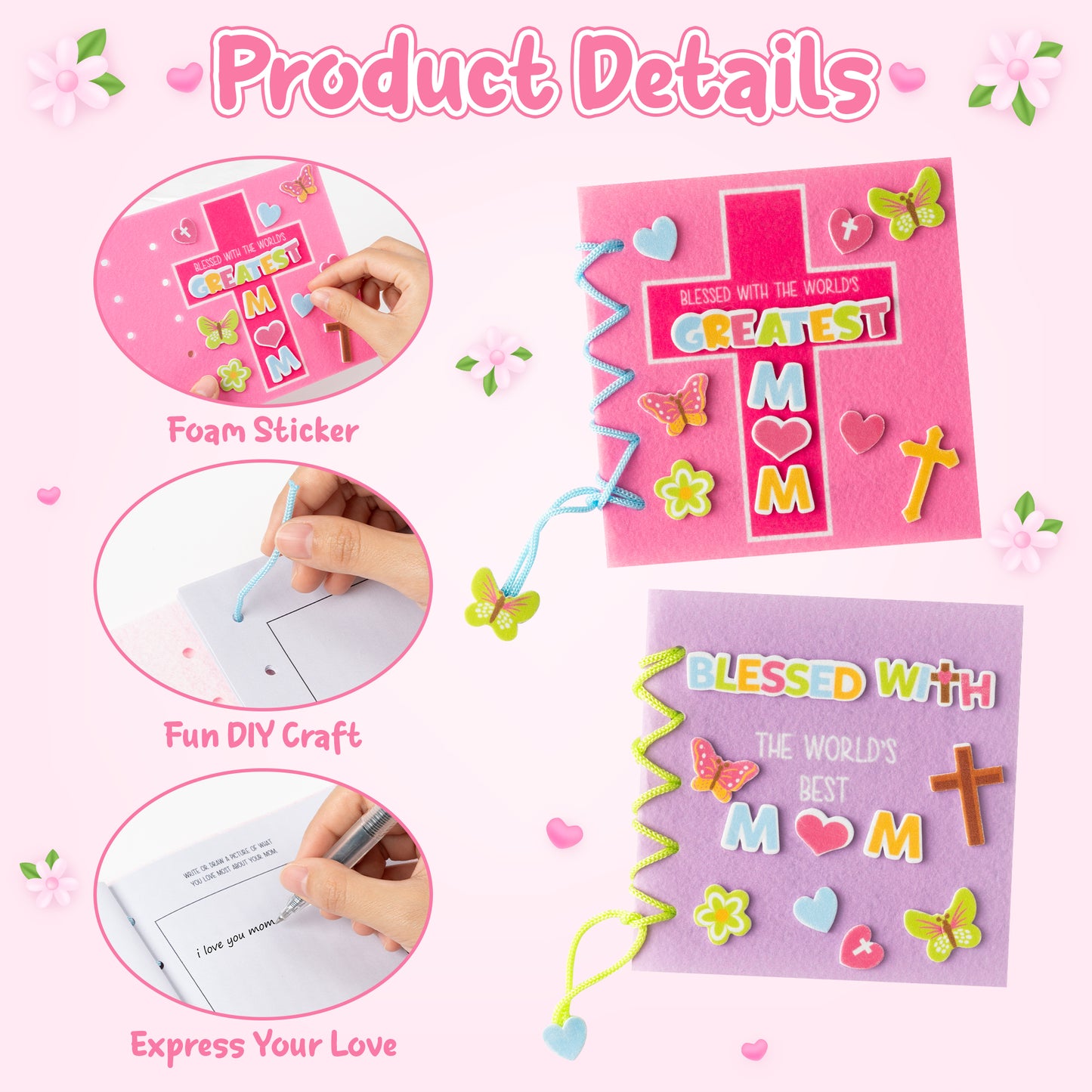 COcnny Mothers Day Craft Kit - 16 Set Religious Mother’s Day Craft Kit for Kids, DIY Diary Book Include 96pcs Pages, Make Your Own Cross Crafting for Mom Gift, Classroom Home Sunday School Activities