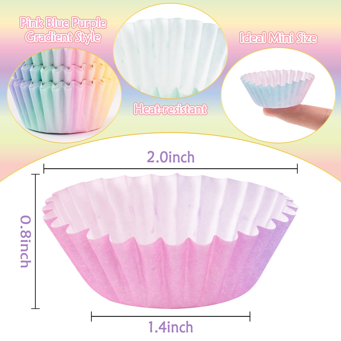 COcnny 600pcs Mini Cupcake Paper Liners, Pink Blue Purple Gradient Baking Cups Muffin Paper Case Cupcakes Wrappers for Baby Shower, Cake Chocolate Candy Wrap Supplies for Birthday Wedding (10 Styles)