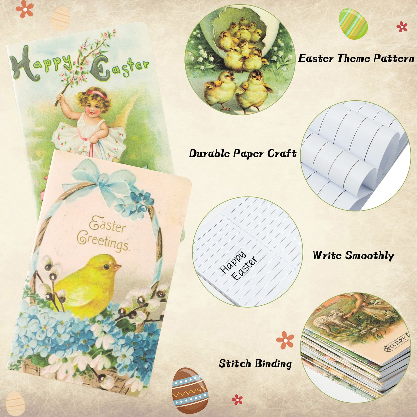 COcnny 24pcs Vintage Mini Easter Notepad Set, Happy Easter Day Victorian Small Notebook Old Style Chick Egg Bunny Notepads, Spring Rustic Retro Memo Gift for Kids Teacher School Classroom Rewards