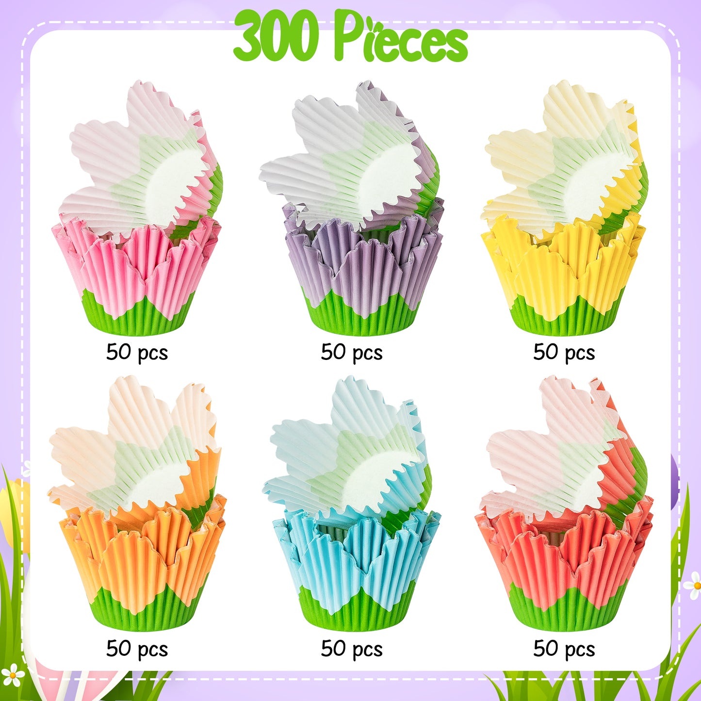 COcnny Flower Cupcake Paper Liner - 300pcs Easter Baking Cups Muffin Cupcakes Wrappers, Spring Lavender Tulip Cake Chocolate Candy Wrap Making Supplies for Spring Birthday Baby Shower Party (6 Styles)