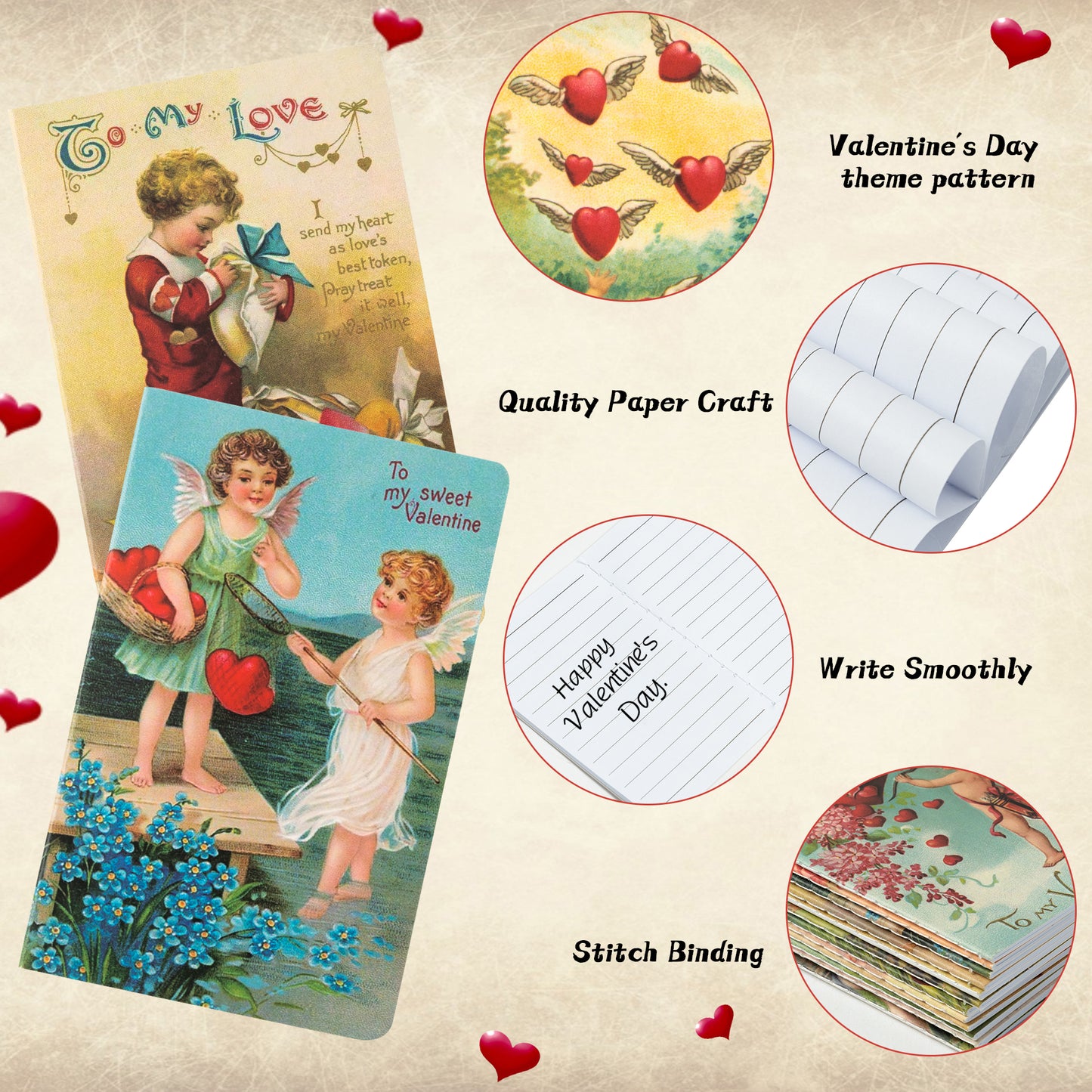 COcnny 24pcs Vintage Mini Valentine Notepad Set, Sweet Victorian Notepads Valentine's Day Gift Classic Old Style Notebook, Retro Heart Small Memo for Kid Teacher Student School Classroom Rewards