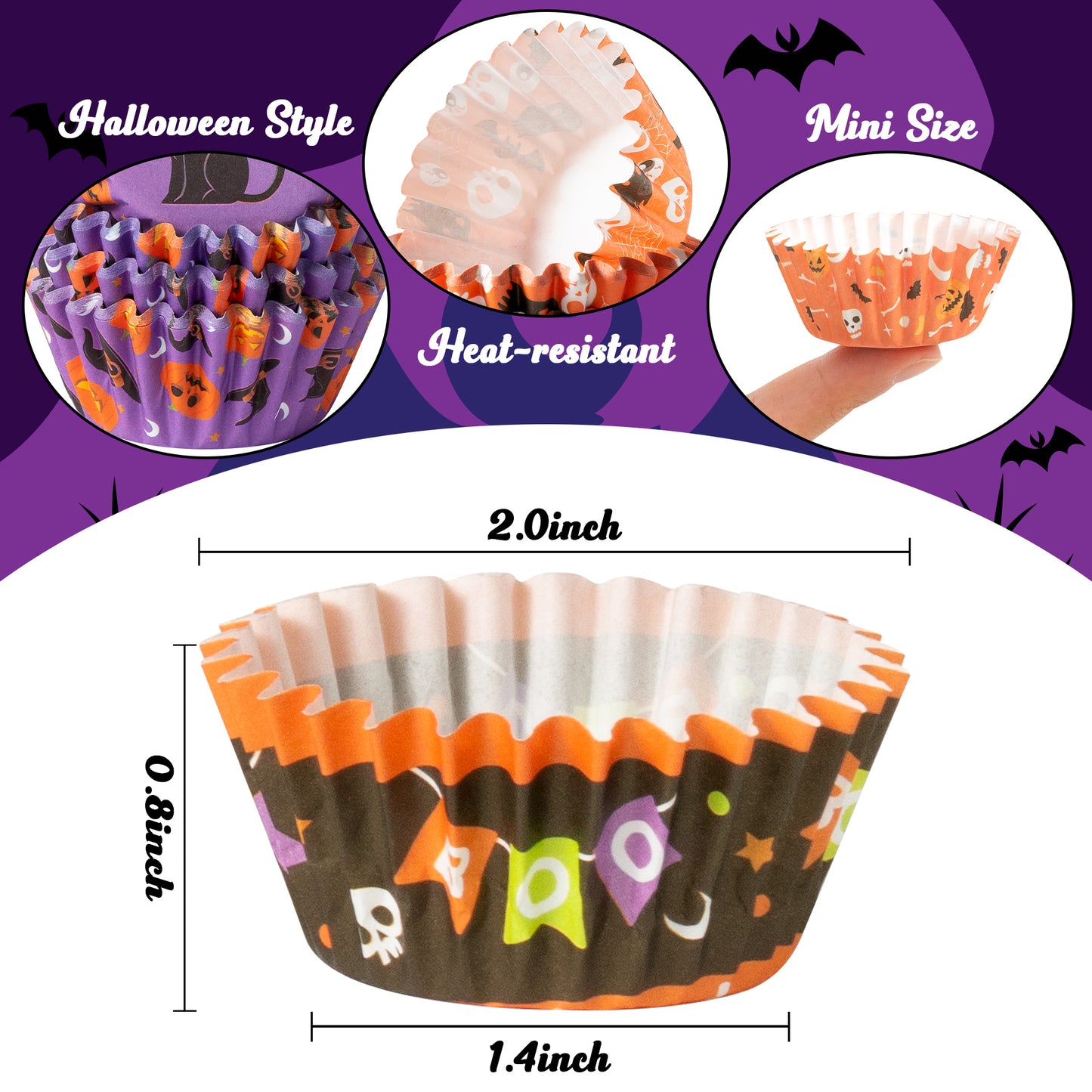 COcnny Halloween Mini Cupcake Liners - 600pcs Halloween Candy Baking Cups Muffin Cupcakes Wrappers, Pumpkin Ghost Skull Disposable Chocolate Cake Wrap Making Supplies for Party (10 Styles)