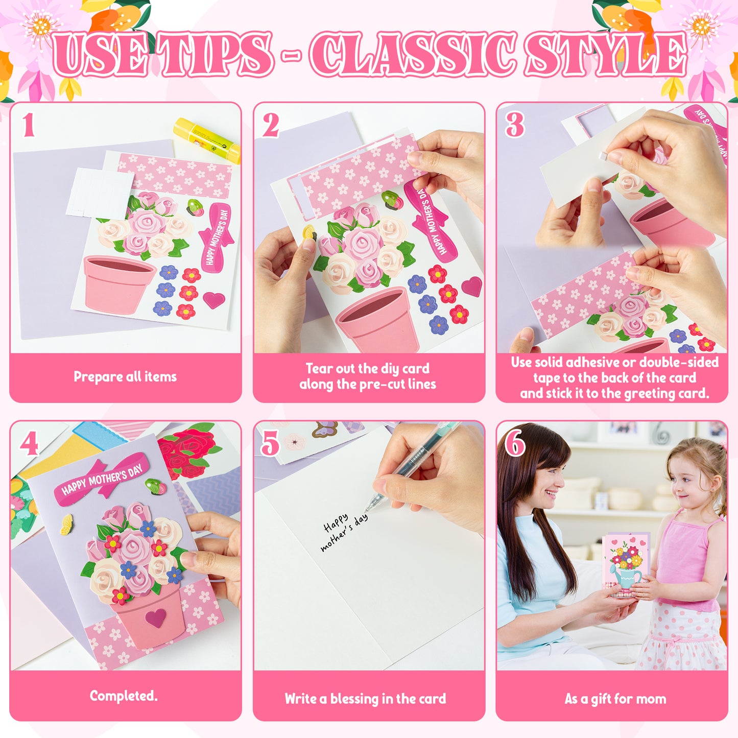 COcnny Mothers Day DIY Card - 24 Set Mother’s Day Flower Craft Kit for Kids, DIY Bouquet Paper Include 48pcs Cards, Make Your Own Floral Crafting for Mom Gift, Classroom Home Sunday School Activities