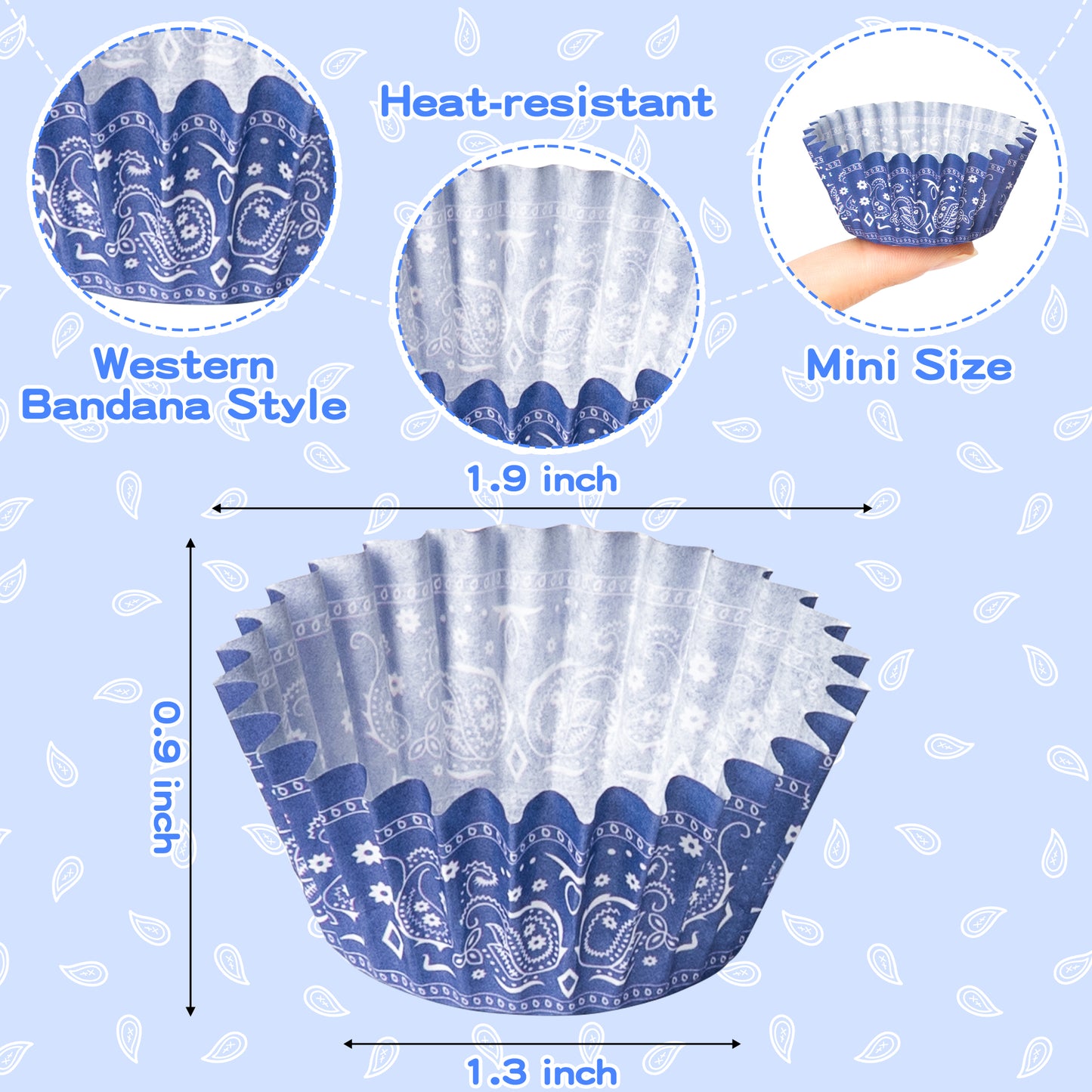 COcnny Mini Cowboy Cupcake Liners - 600pcs Western Bandana Baking Cups Muffin Paper Wrappers, Red Blue Black Gangsta Print Cupcakes Liner, Cake Chocolate Candy Wrap Molds Baking Supplies (6 Styles)