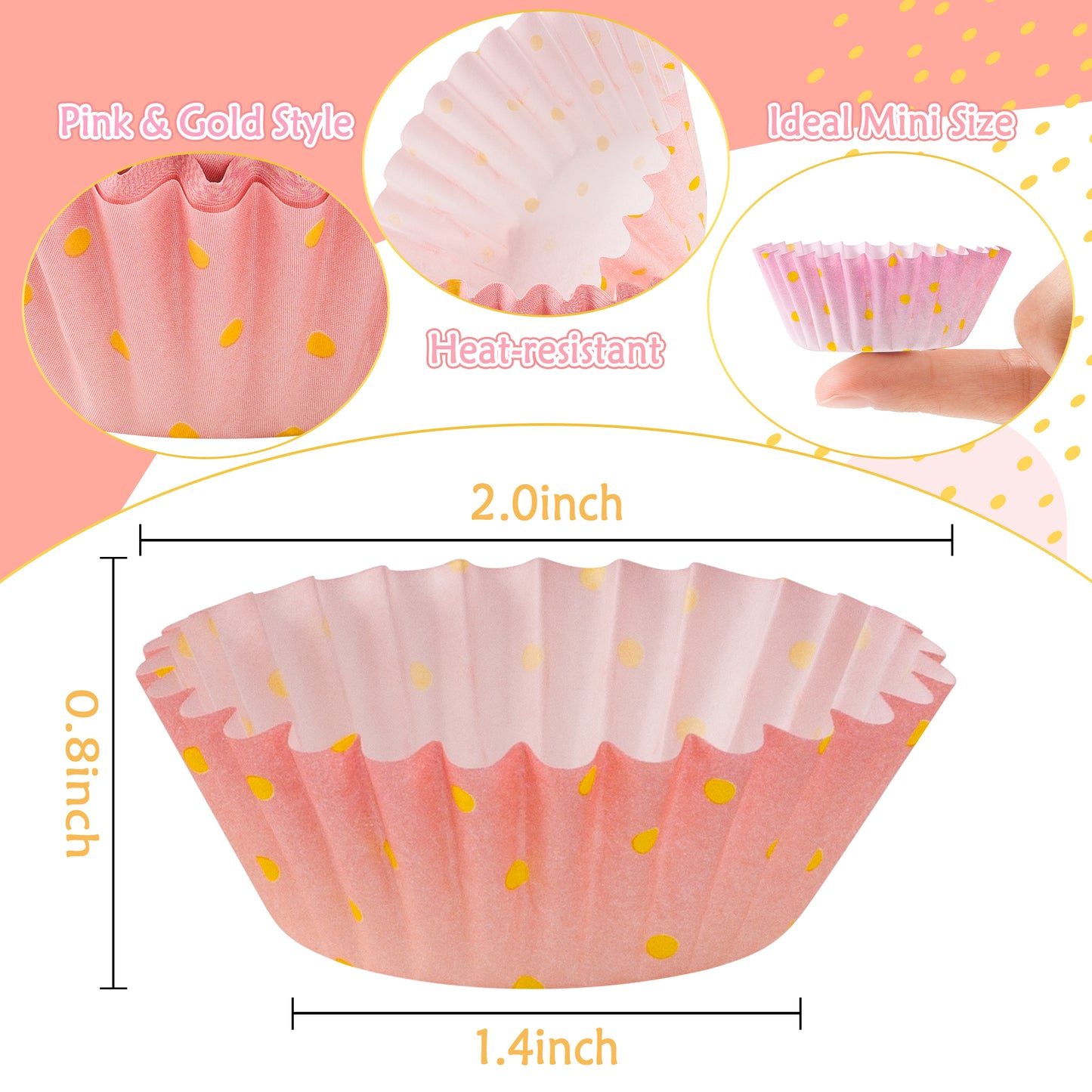 COcnny 600pcs Pink and Gold Mini Cupcake Paper Liners, Baking Cups Muffin Case Cupcakes Wrappers for Baby Shower, Gold Polka Dot Cake Chocolate Candy Wrap Making Supplies for Birthday Party (4 Styles)