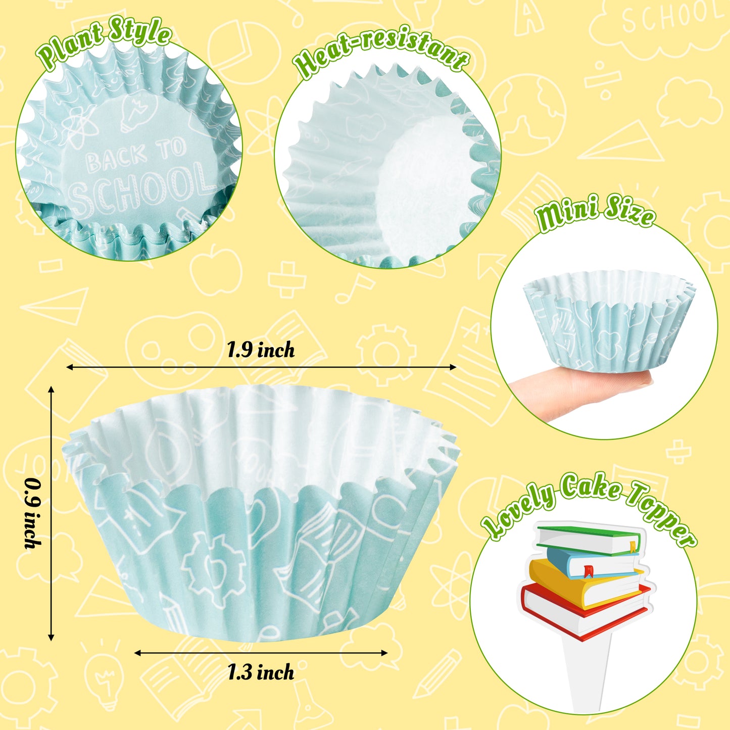 COcnny Mini Cupcake Paper Liner - 300pcs Back to School Cake Baking Cups, First Day of School Cupcake Wrappers with Cupcake Toppers, Apple Pencil Book Muffin Candy Wrap Making Supplies (6 Styles)