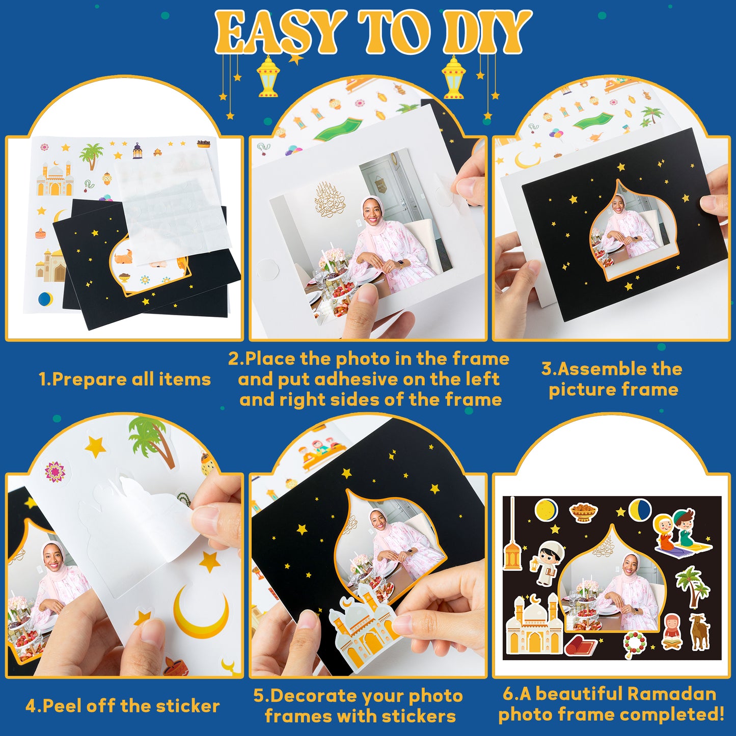 COcnny 48pcs Ramadan DIY Picture Frame Craft Kit for Kids, Make Your Own Photo Frame, Eid Mubarak Mosque Scene Stickers Art Ornaments Decor for Eid Al Fitr Classroom School Party Class Game Activities