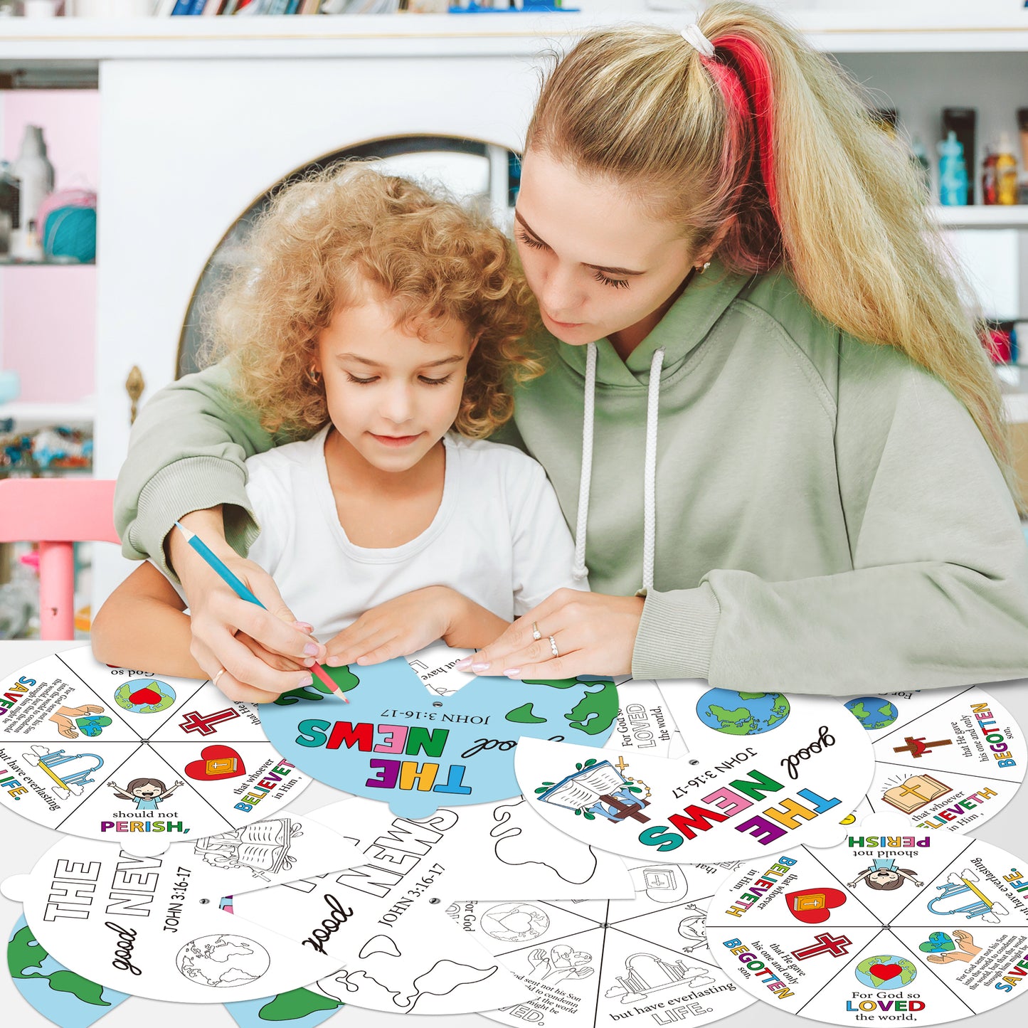 COcnny Religious Coloring Wheel Craft - 24 Sets Color Your Own Art Spining Cards for Kids, The Good News John 3:16 Wheel Kit DIY Craft Art Cards for Sunday School Christian Classroom Home Activities