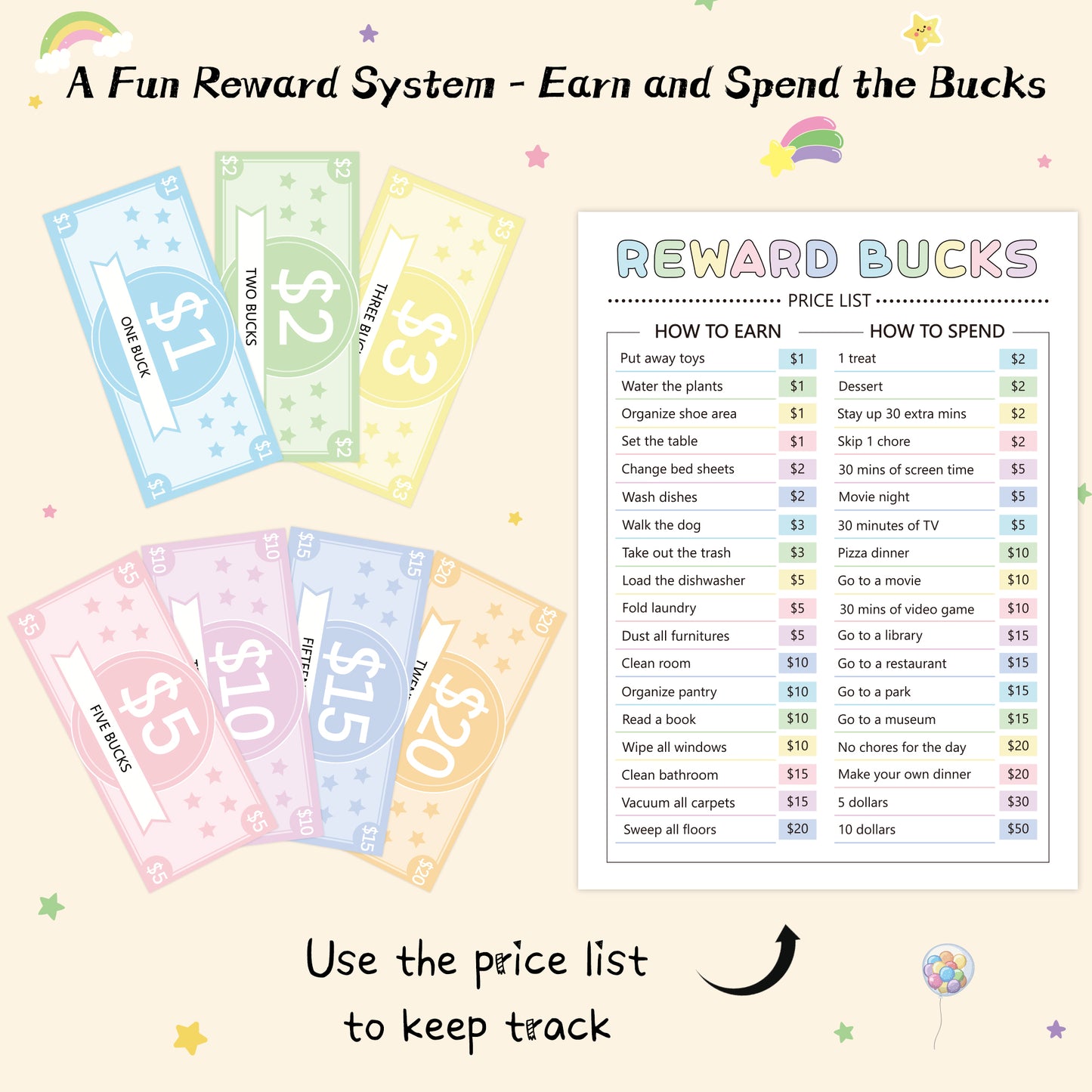 COcnny 633pcs Kids Reward Bucks Charts, Good Behavior Reward System Bucks List, Prop Play Money Routine Chart, Financial Literacy Board Chore Task Schedule Home Visual Lists for Toddles Kids Boy Girl