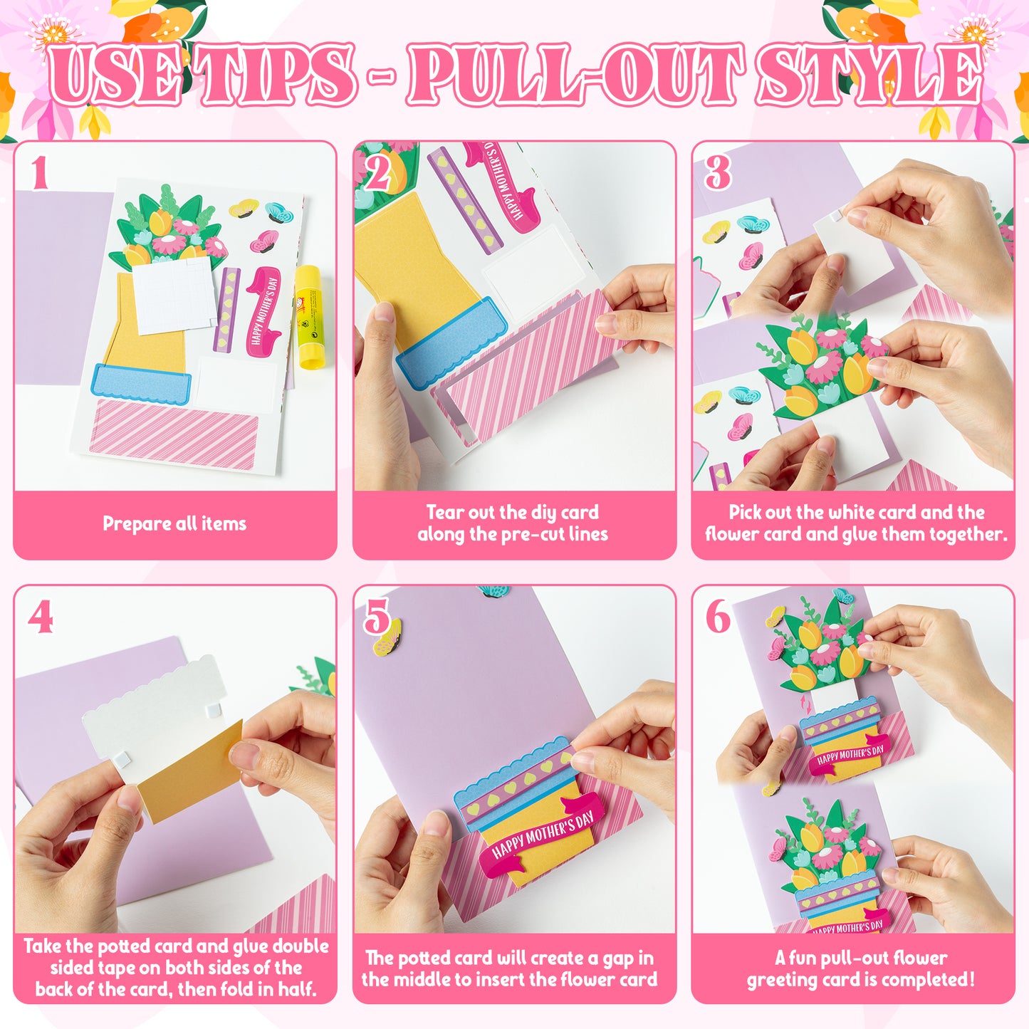 COcnny Mothers Day DIY Card - 24 Set Mother’s Day Flower Craft Kit for Kids, DIY Bouquet Paper Include 48pcs Cards, Make Your Own Floral Crafting for Mom Gift, Classroom Home Sunday School Activities